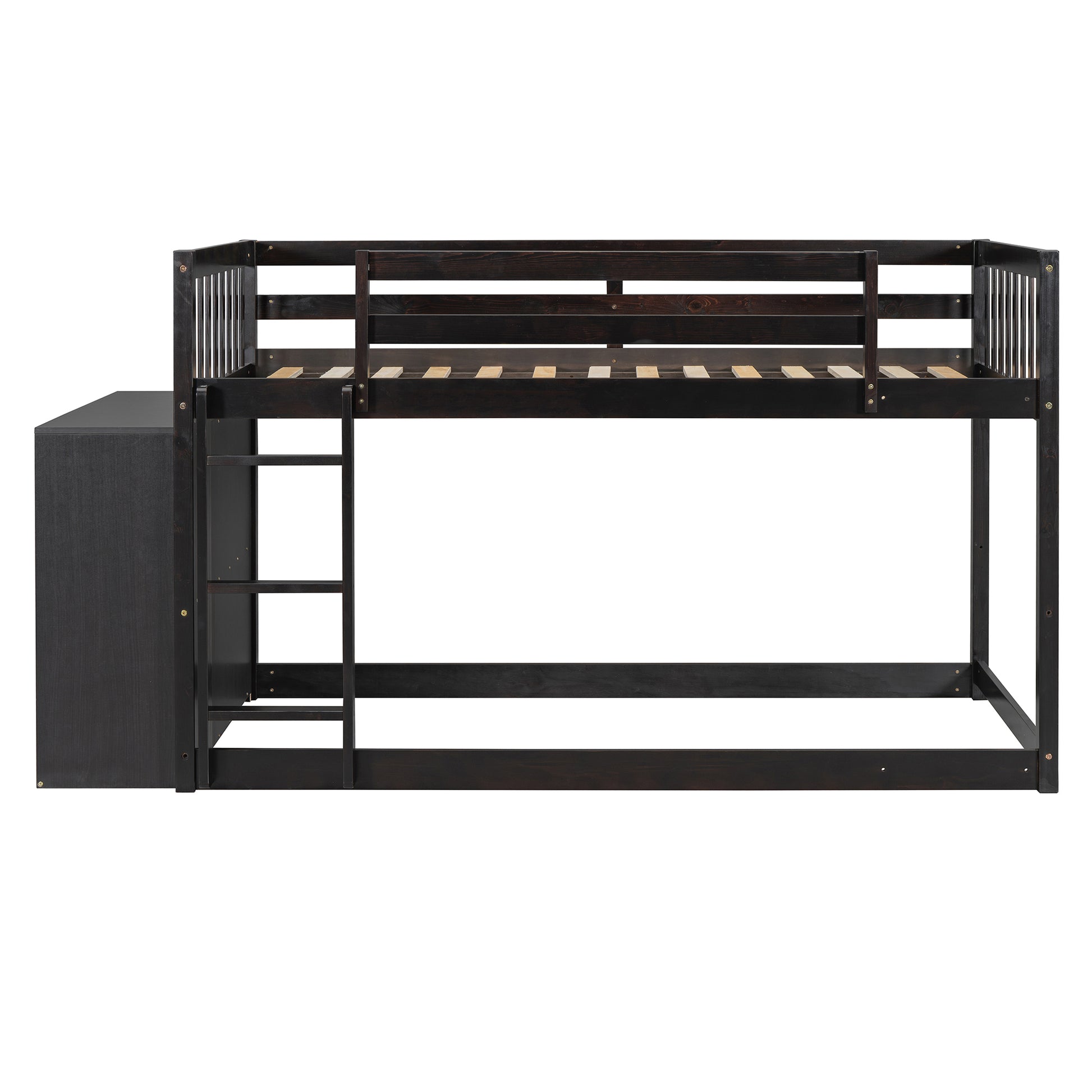 Dark brown wooden bunk bed with integrated desk