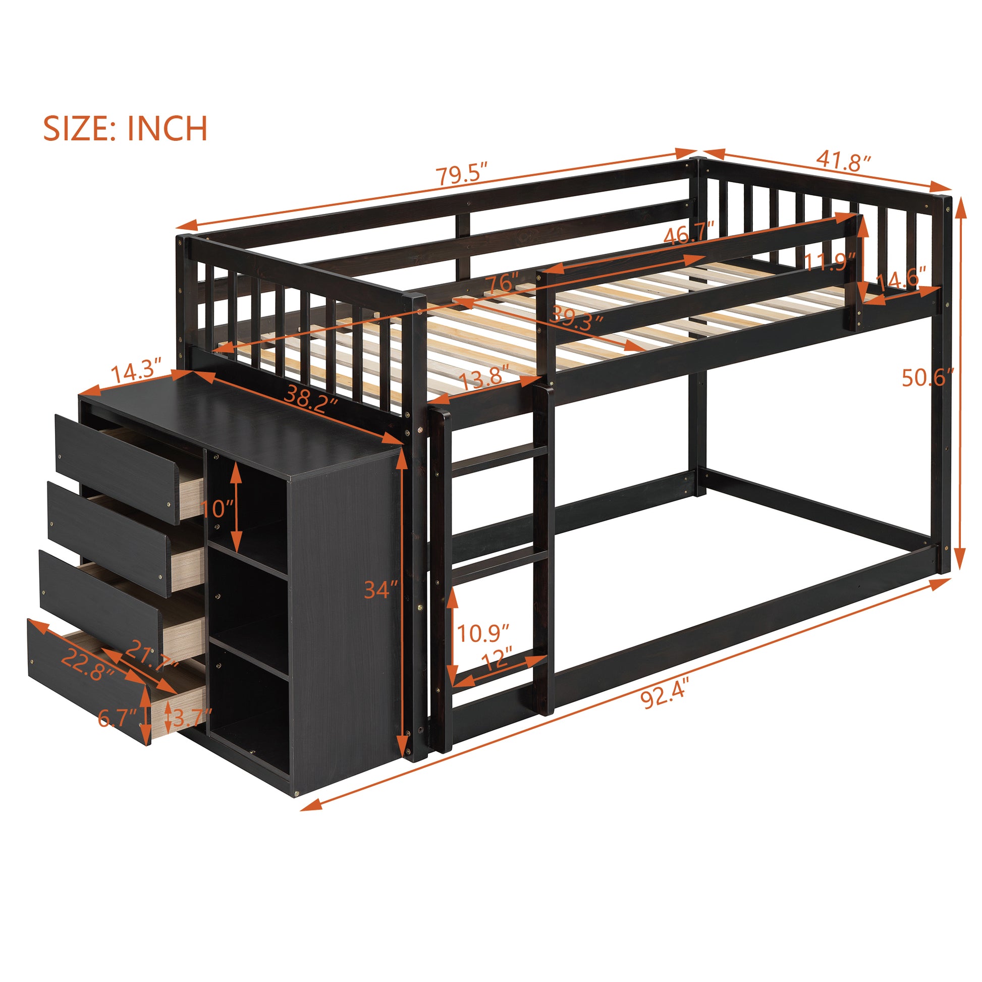 Dark brown wood loft bed with integrated dresser and shelves