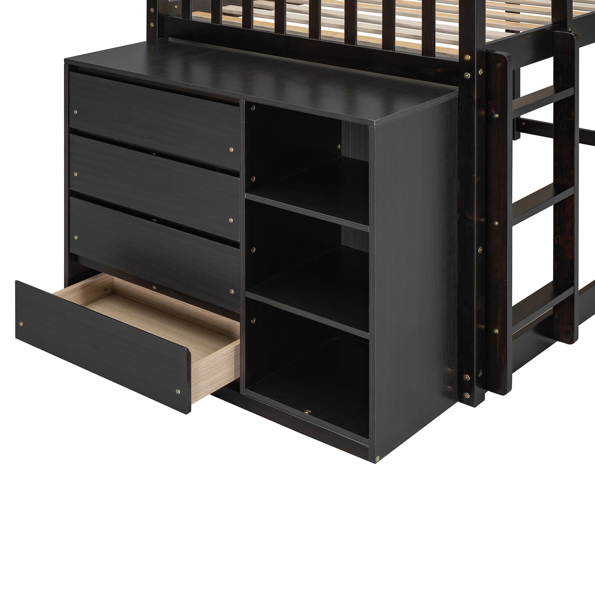 Dark brown bunk bed with integrated dresser and shelves