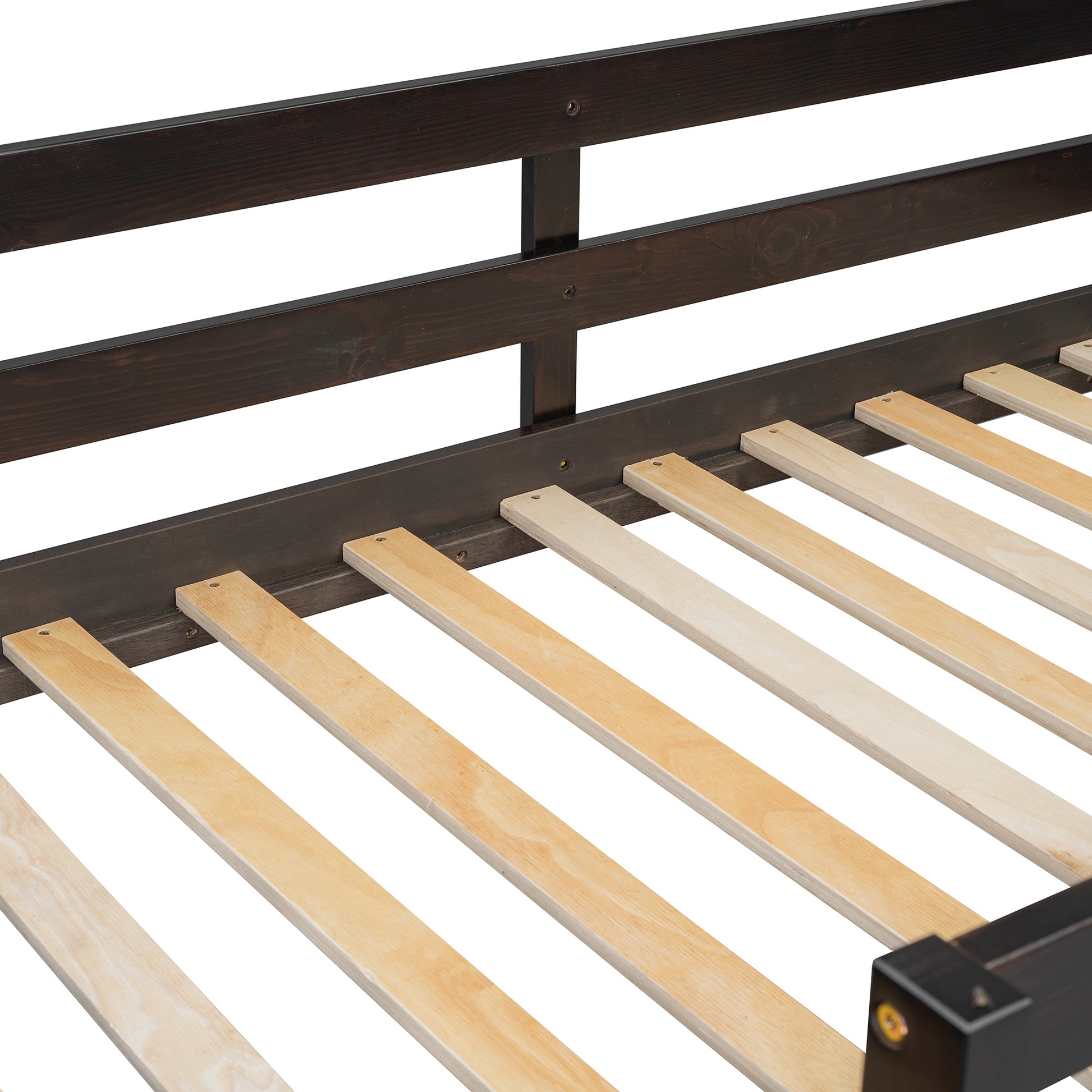 Dark brown wooden bed frame with natural wood slats