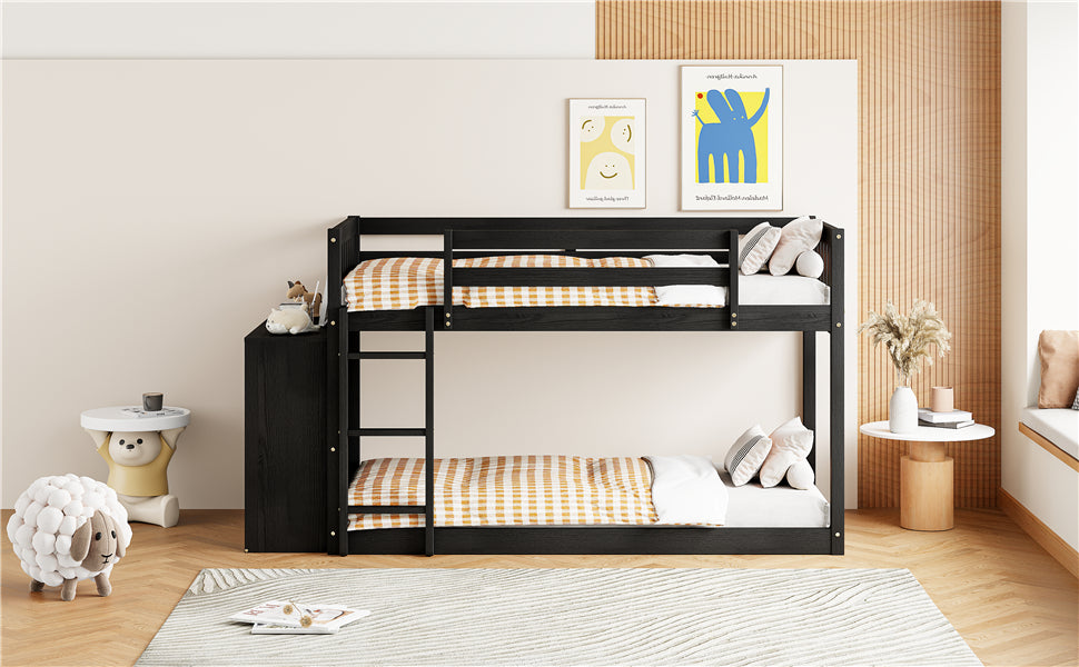 Black wooden bunk bed with plaid bedding and storage