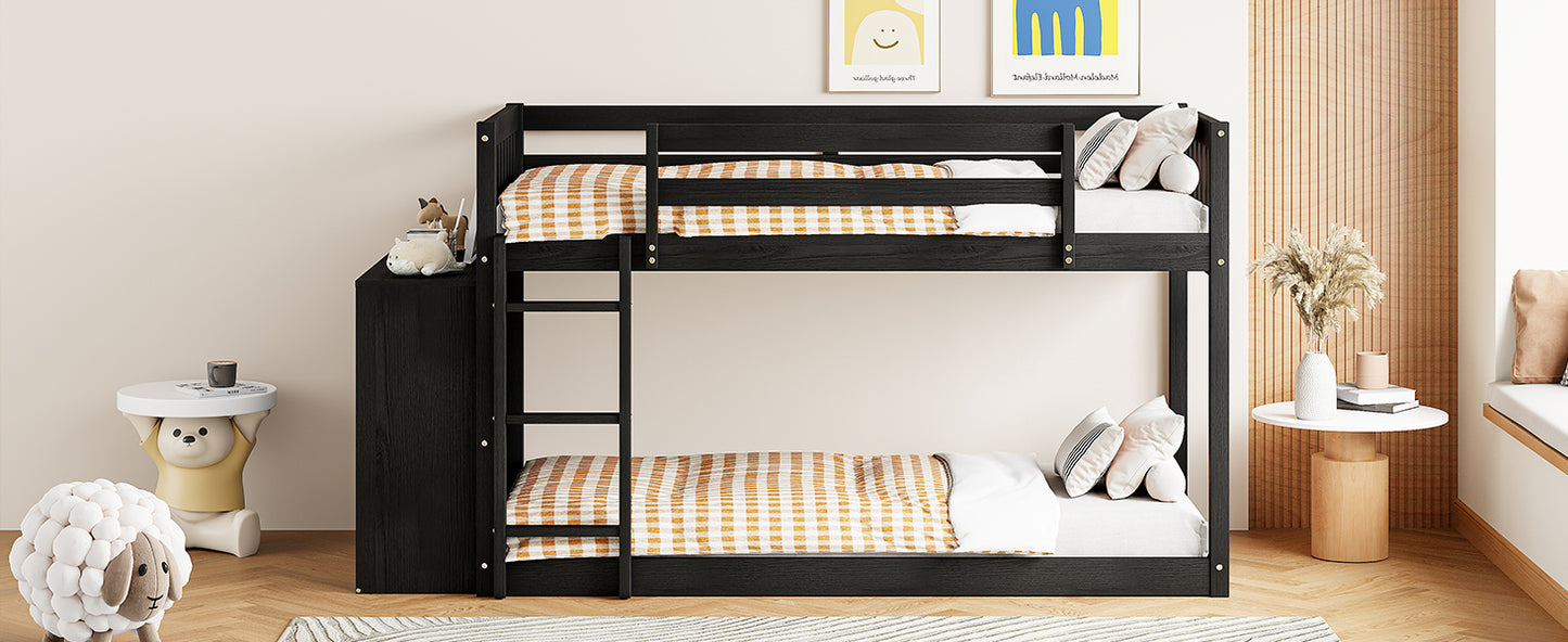 Black wooden bunk bed with gingham bedding