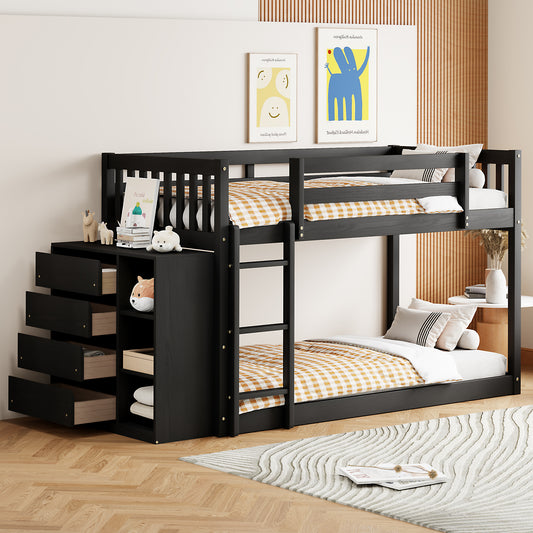 Black wooden bunk bed with stairs and drawers for kids room