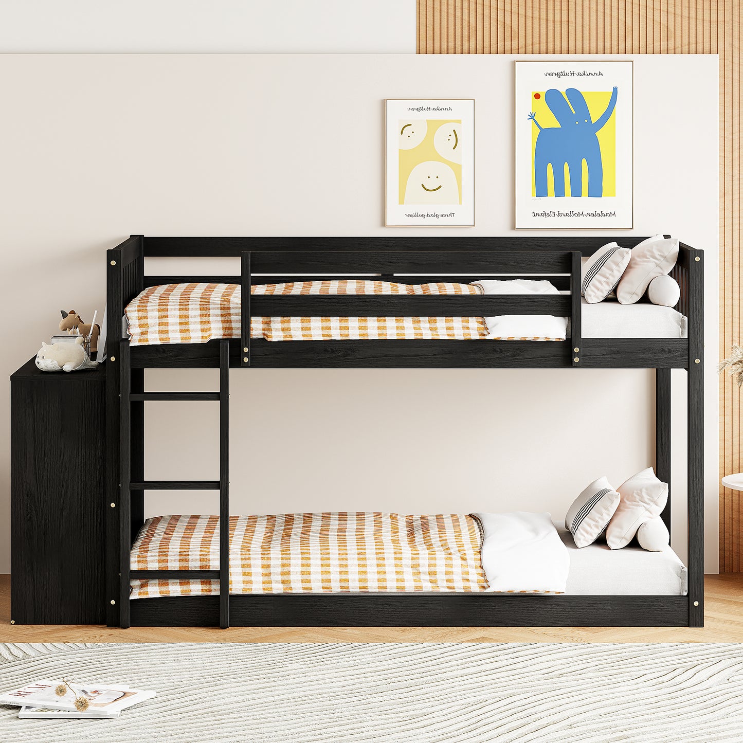 Black wood bunk bed with orange and white checkered bedding