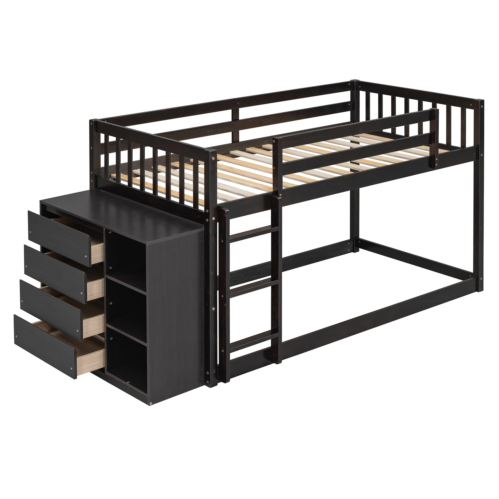 Dark espresso twin bunk bed with integrated desk and dresser