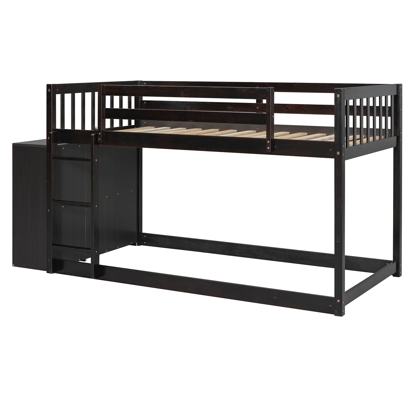 Dark brown wooden bunk bed with integrated storage drawers and ladder