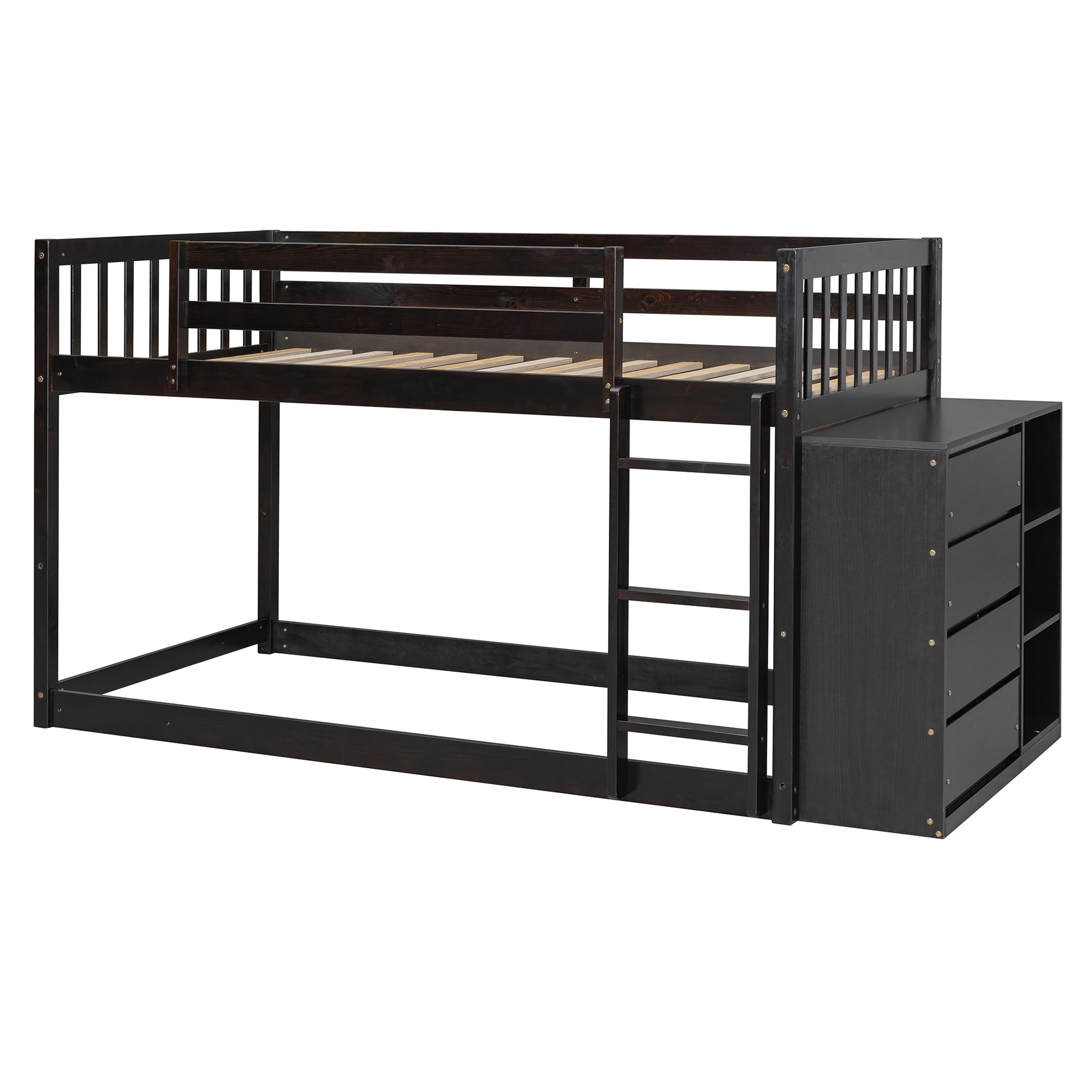 Dark brown wood twin over twin bunk bed with integrated storage drawers and shelves