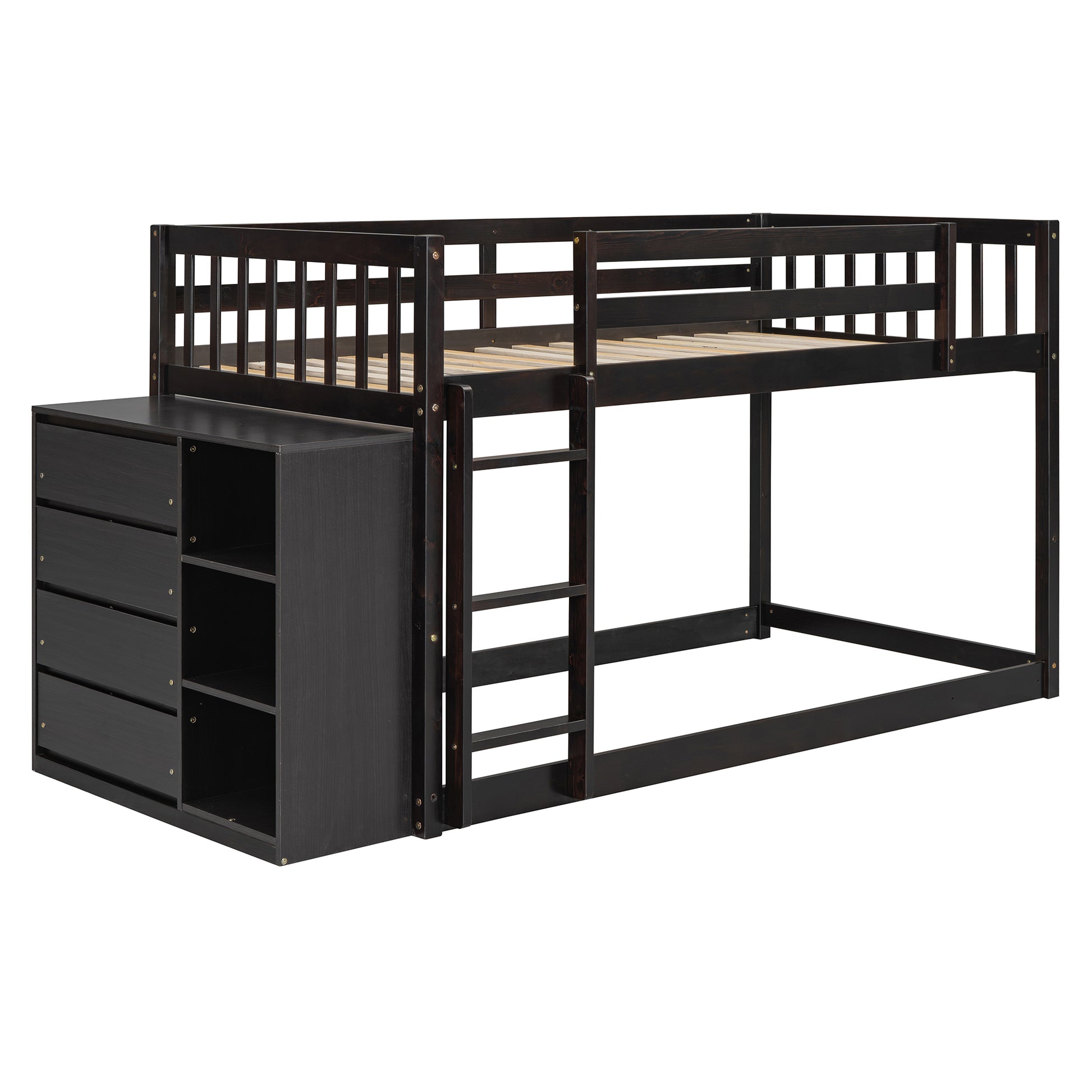 Dark brown wooden bunk bed with integrated dresser and shelves for kids room