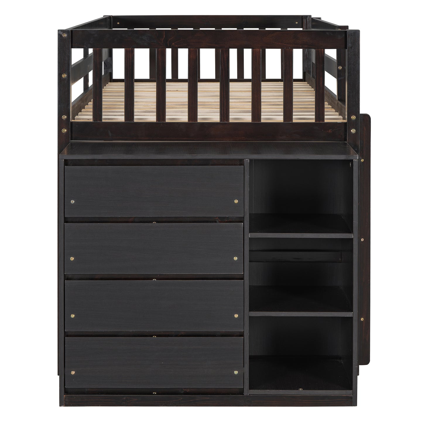 Dark brown wooden loft bed frame with drawers and shelves