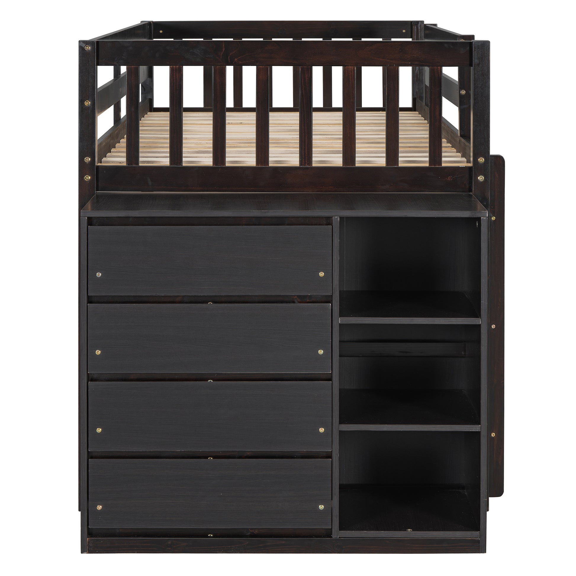 Dark brown wooden loft bed frame with drawers and shelves