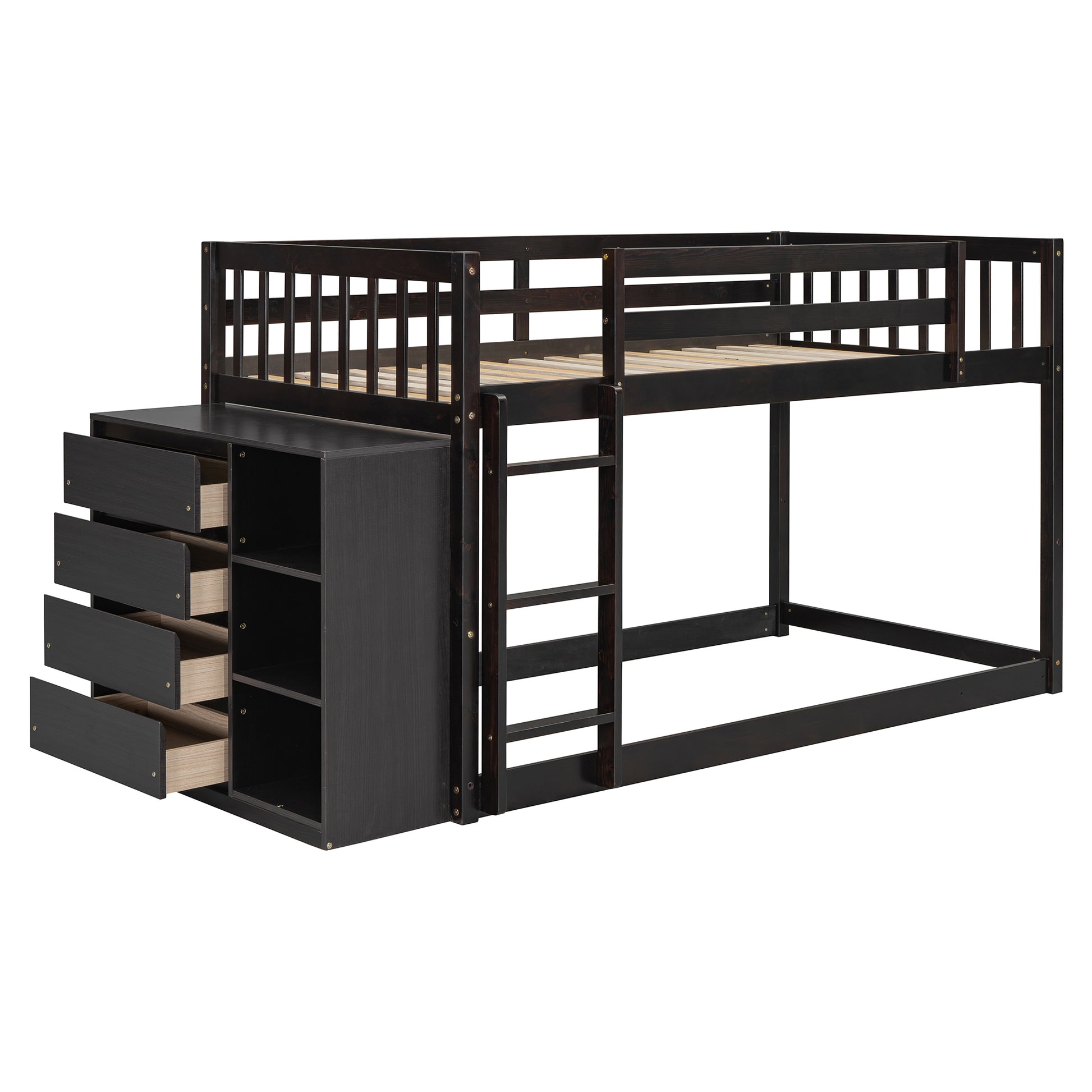 Dark brown twin over twin bunk bed with integrated storage drawers and shelves