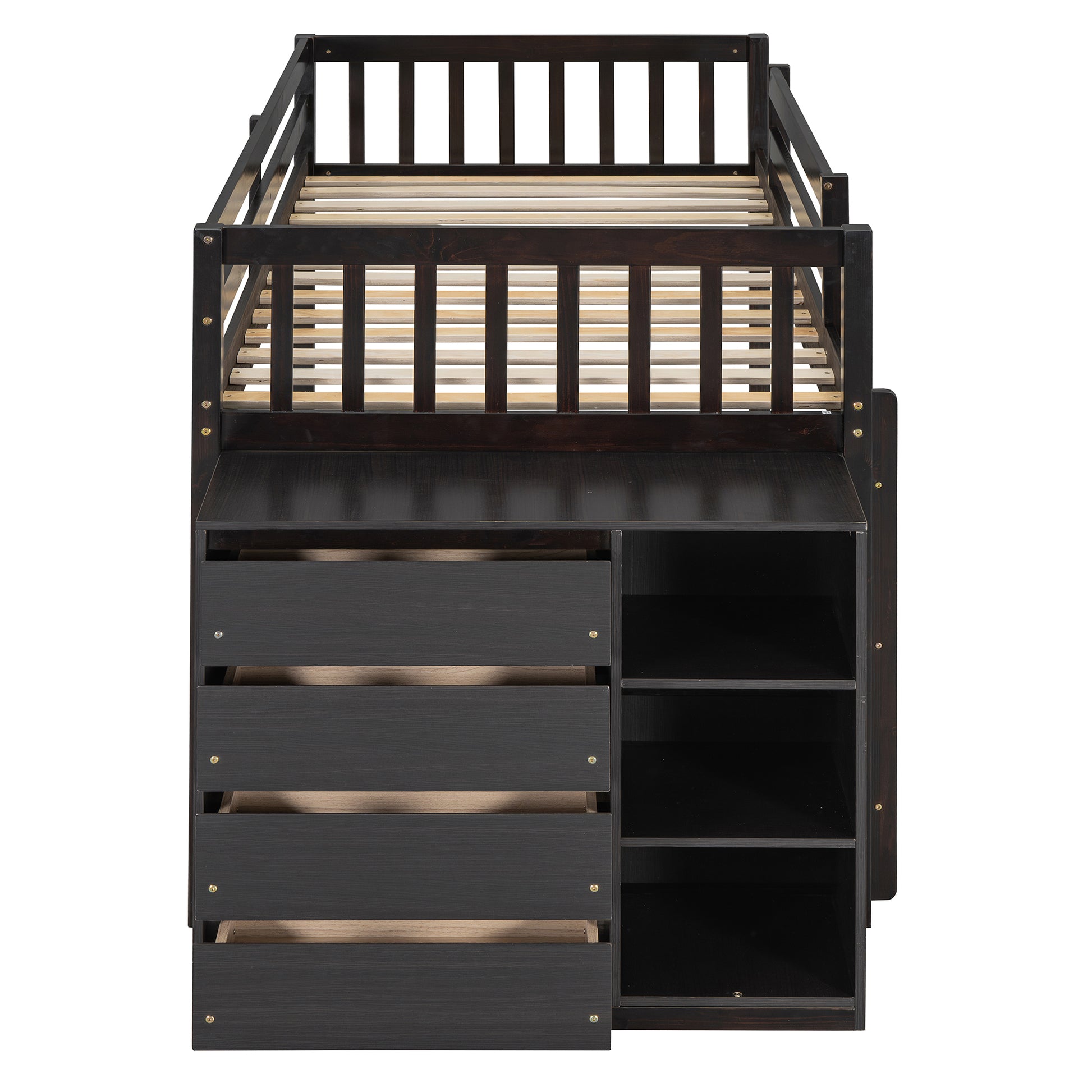 Dark espresso loft bed with integrated drawers and shelving
