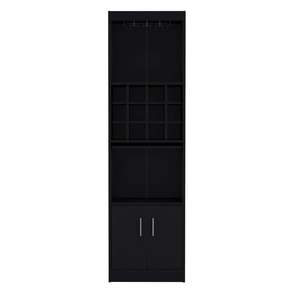 Black tall bar cabinet with wine glass rack and  bottle wine cubbies