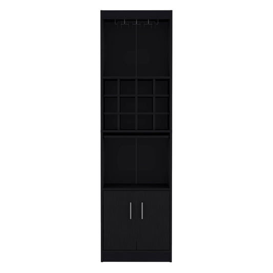 Black tall bar cabinet with wine glass rack and  bottle wine cubbies