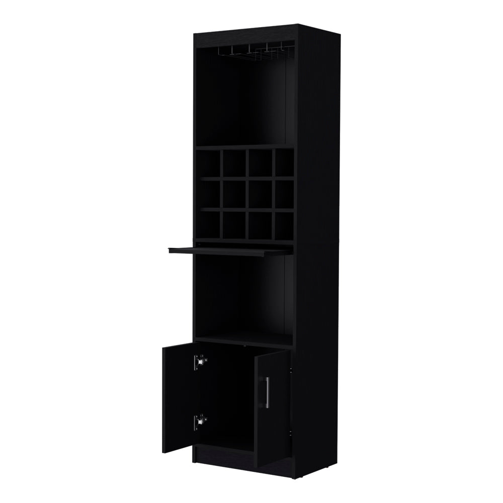 Black tall bar cabinet with wine rack and glass holder