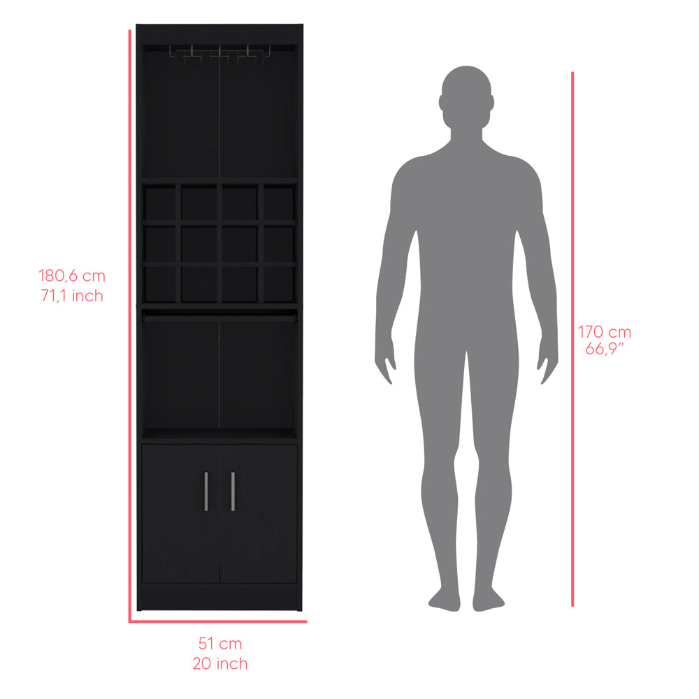 Tall black bar cabinet with wine glass rack and bottle cubbies