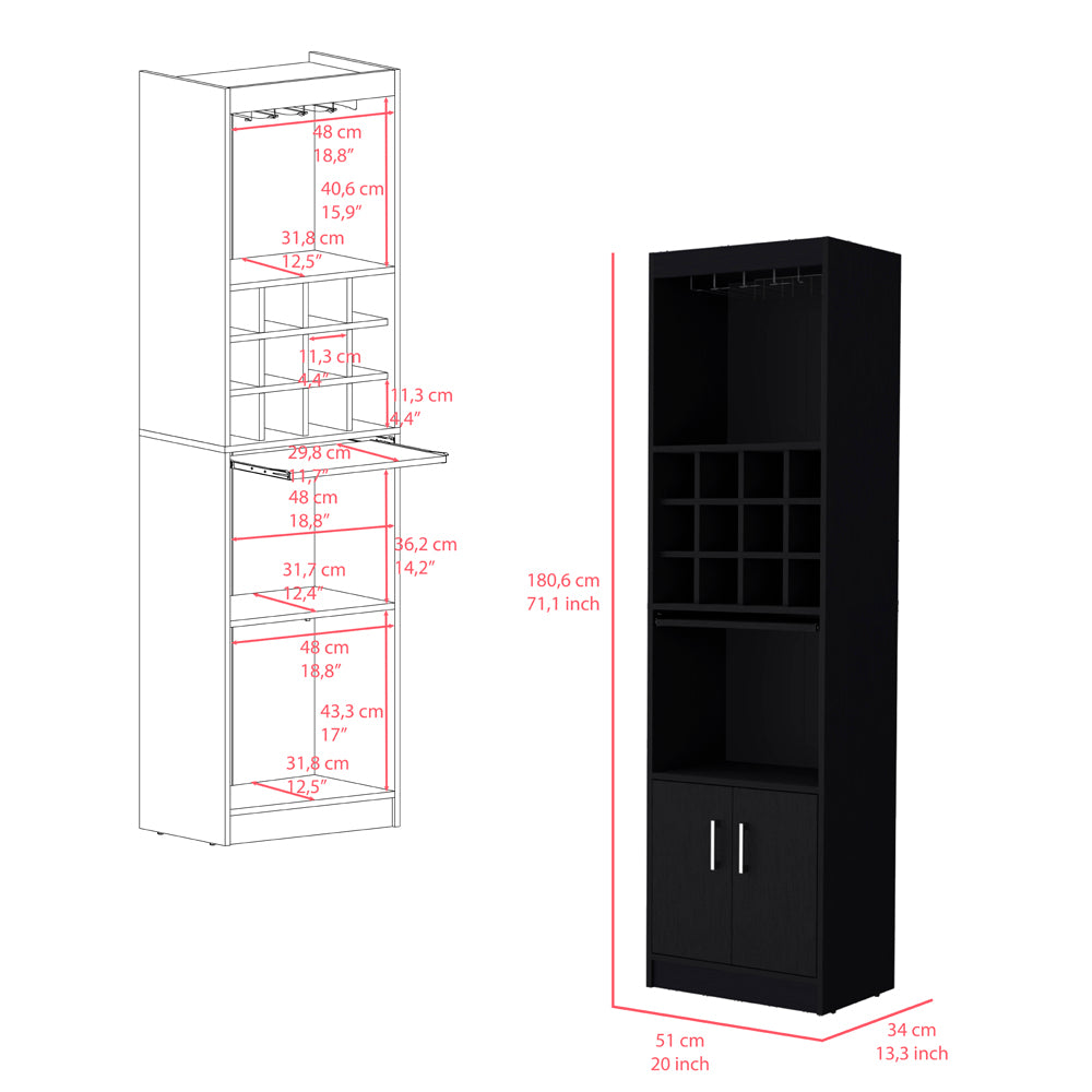 Black tall wine cabinet with glass rack bottle wine grid and two doors