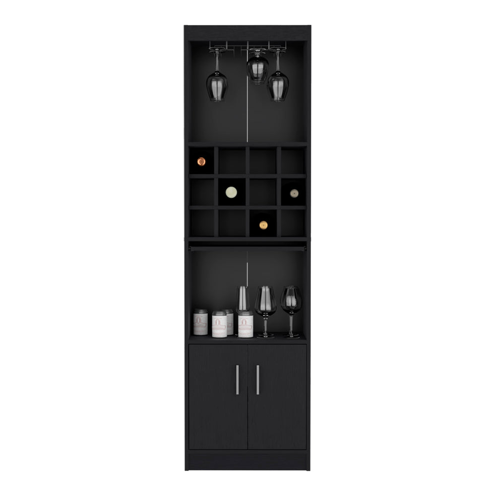 Black tall wine cabinet with glass holders wine cubbies and cabinet doors