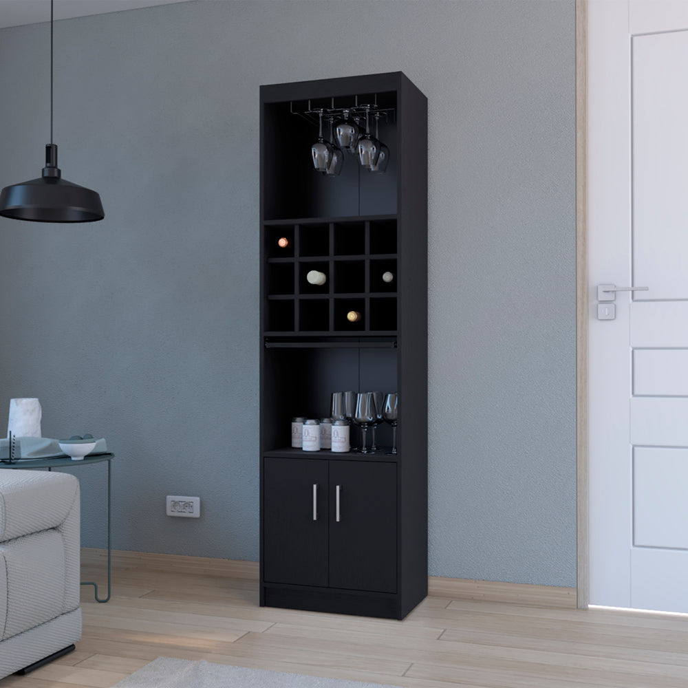 Tall black wine cabinet with glass rack and bottle cubbies