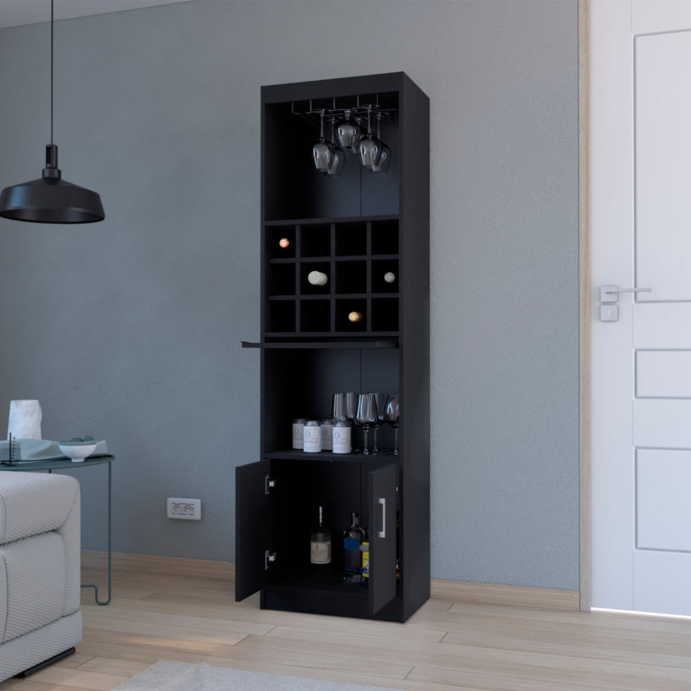 Black tall wine cabinet with glass rack and bottle cubbies