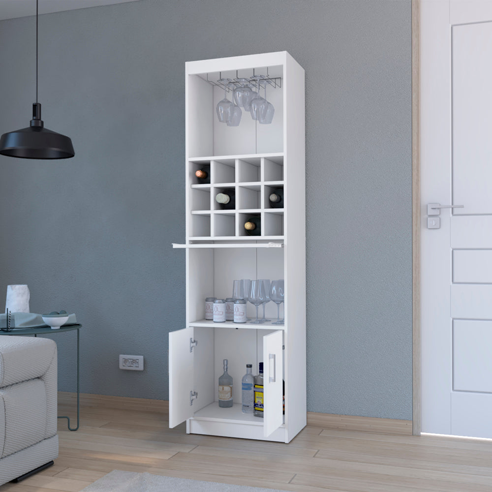 White modern wine cabinet with glass rack wine cubbies and lower storage doors