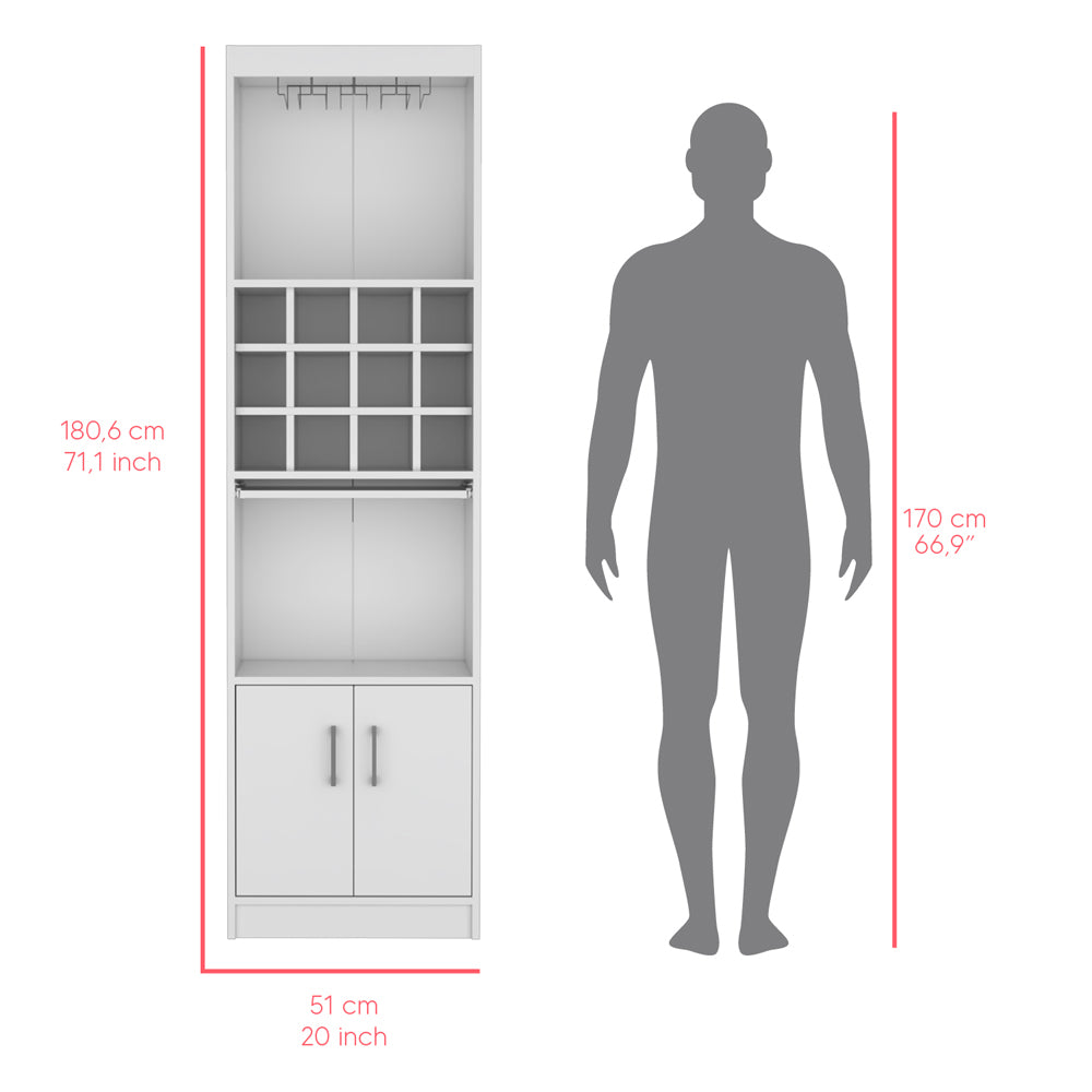 White narrow storage cabinet with wine rack and dual doors ideal for small kitchens