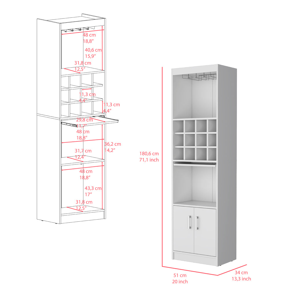 White bar cabinet with  wine bottle cubbies pullout shelf and twodoor base