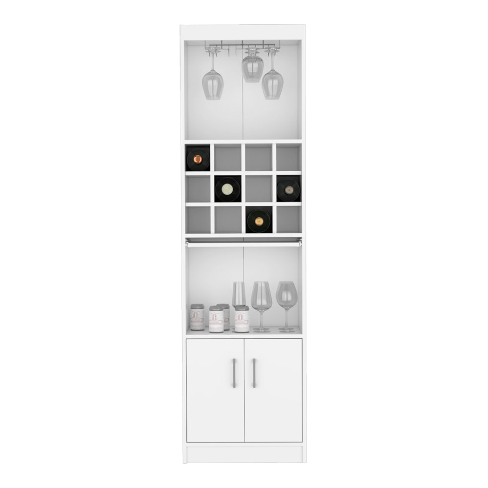 Modern white tall bar cabinet with wine rack and glass holders perfect for home entertainment
