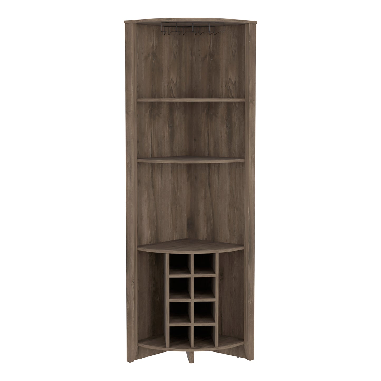 Rustic brown wood corner bar cabinet with wine bottle cubbies and glass rack