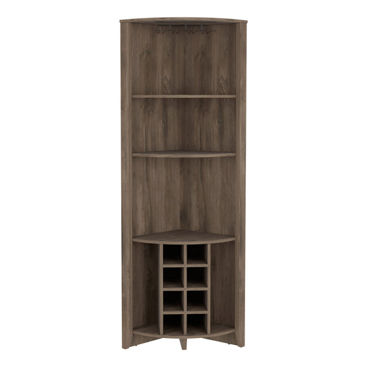 Rustic brown wood corner bar cabinet with wine bottle cubbies and glass rack