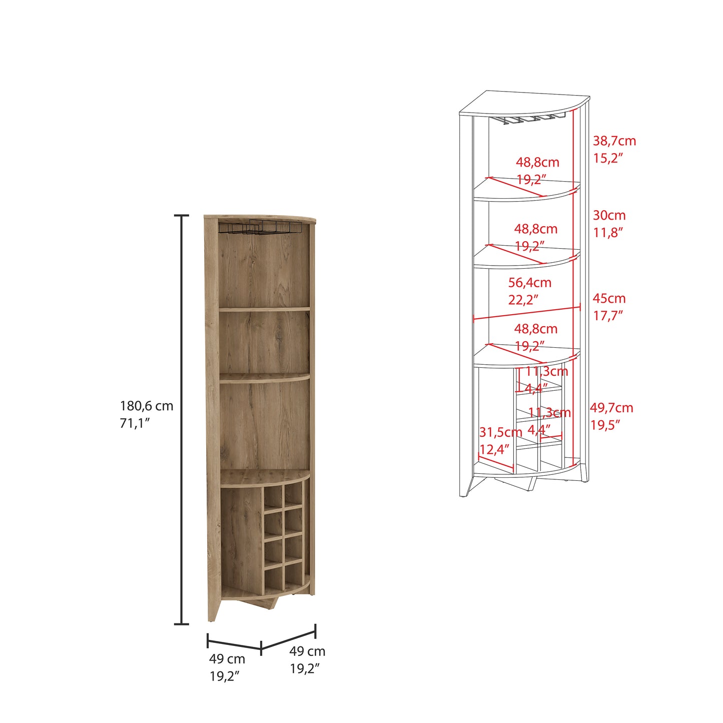 Tall corner bar cabinet with wood grain finish and wine racks