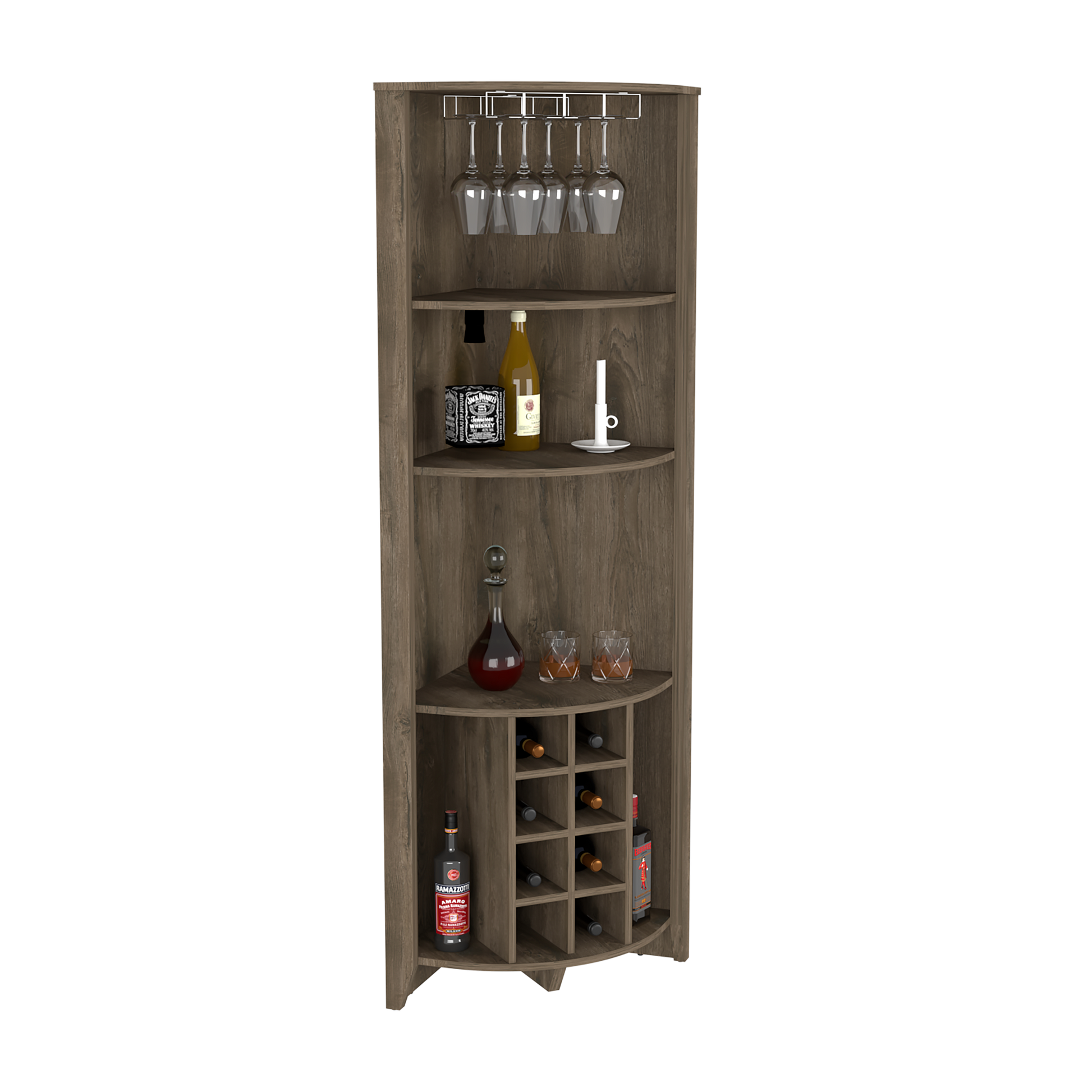 Brown corner bar cabinet with wine racks and glass holders