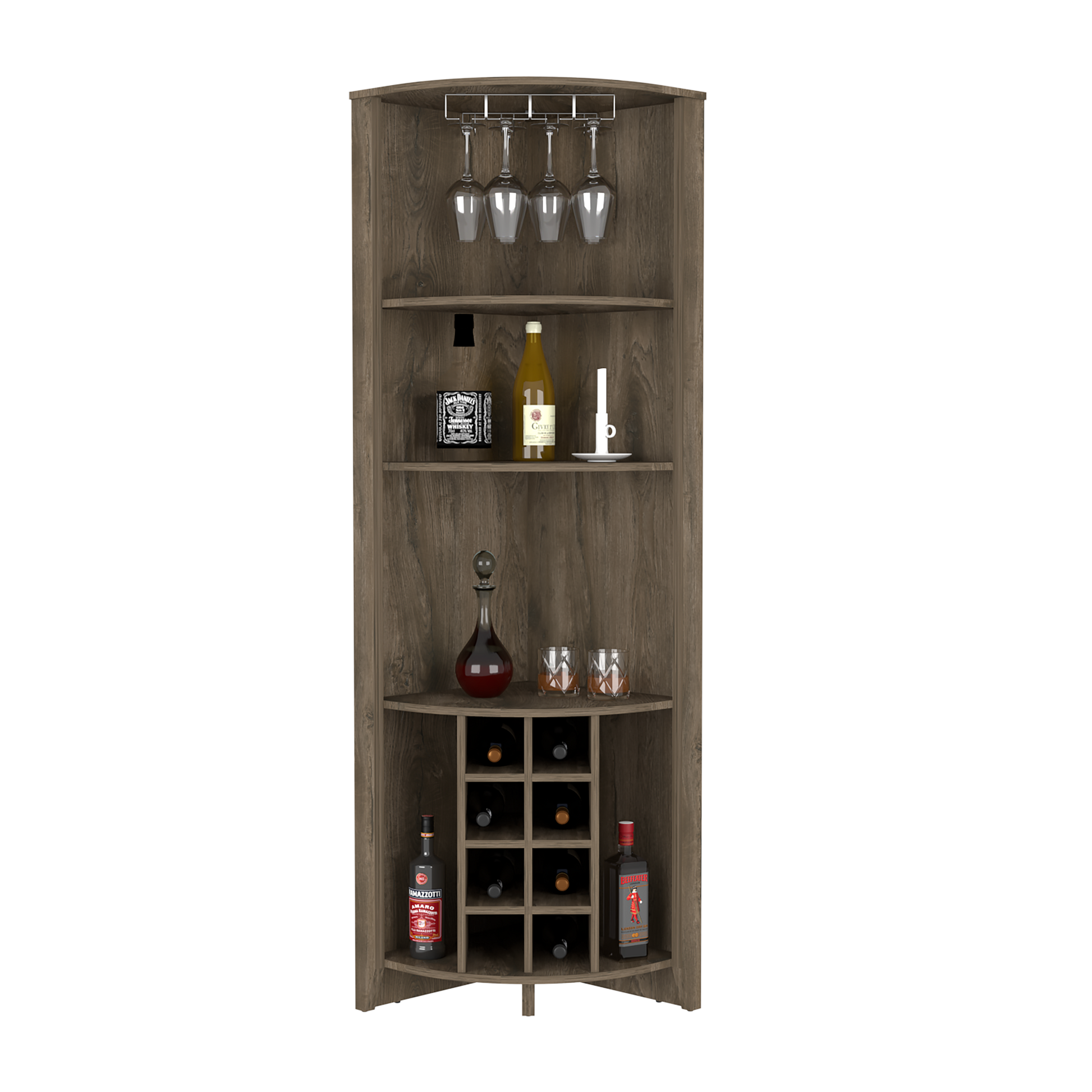 Rustic wood corner bar cabinet with wine rack decanter glasses and liquor bottles