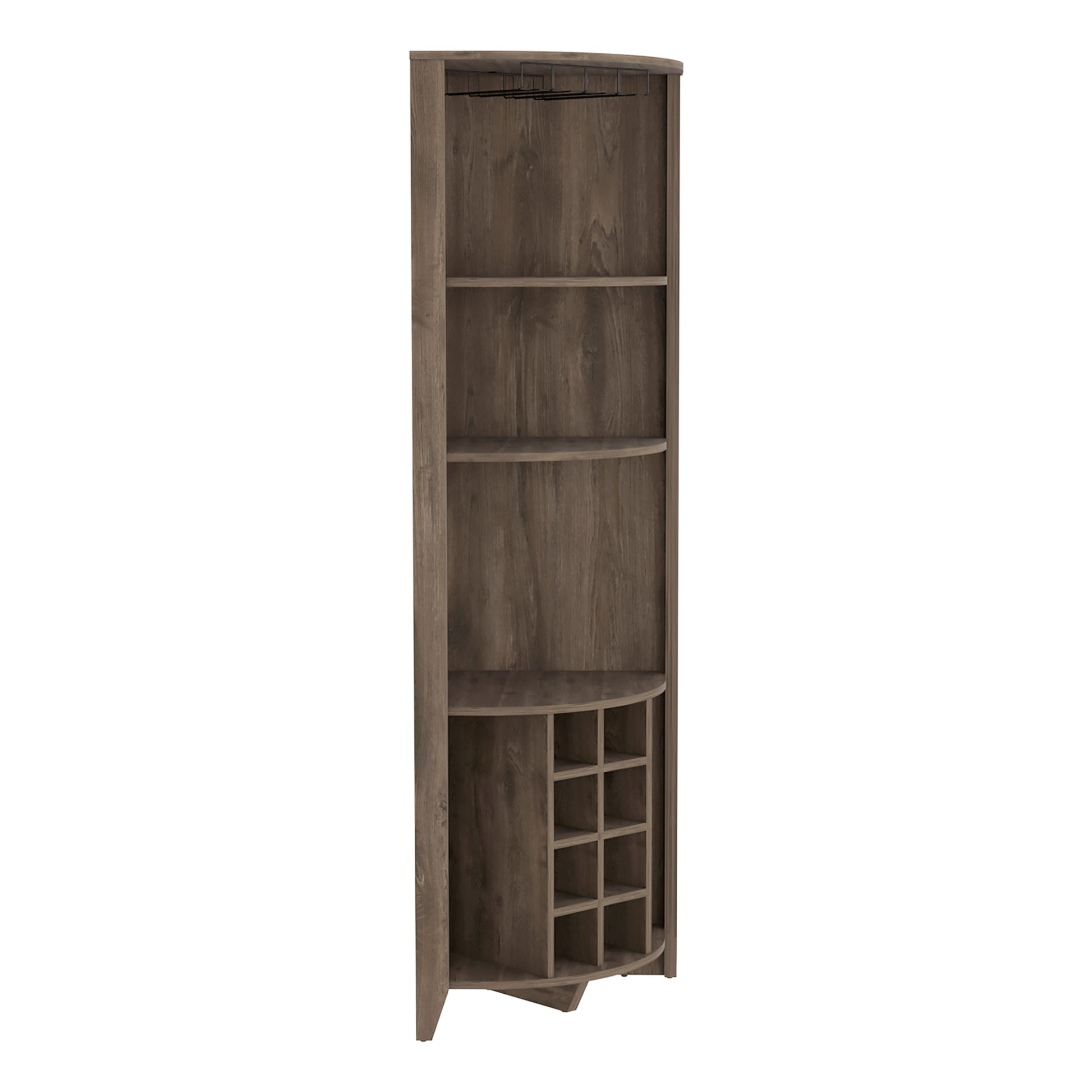 Rustic brown corner shelf unit with wine rack and glass holder