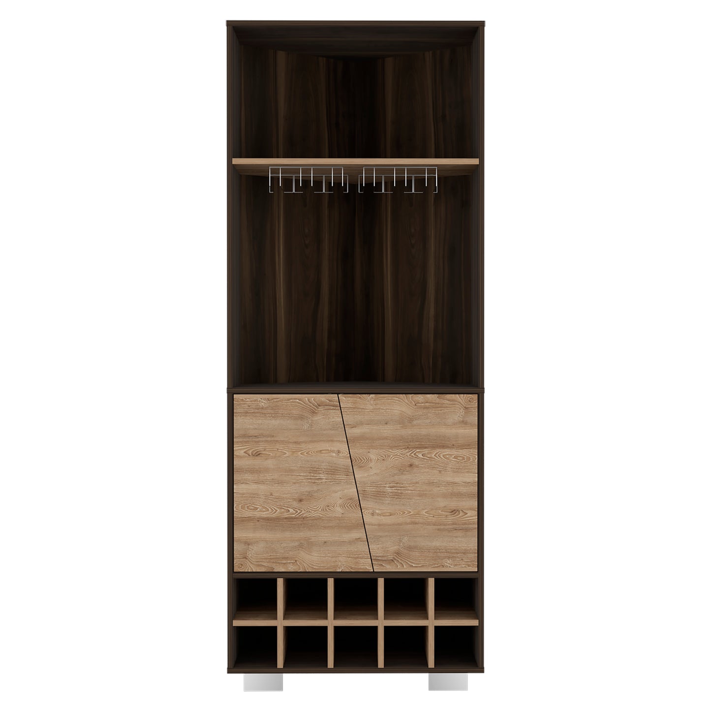 Modern wine cabinet with dark wood finish and dualtone cabinet doors featuring glass holders
