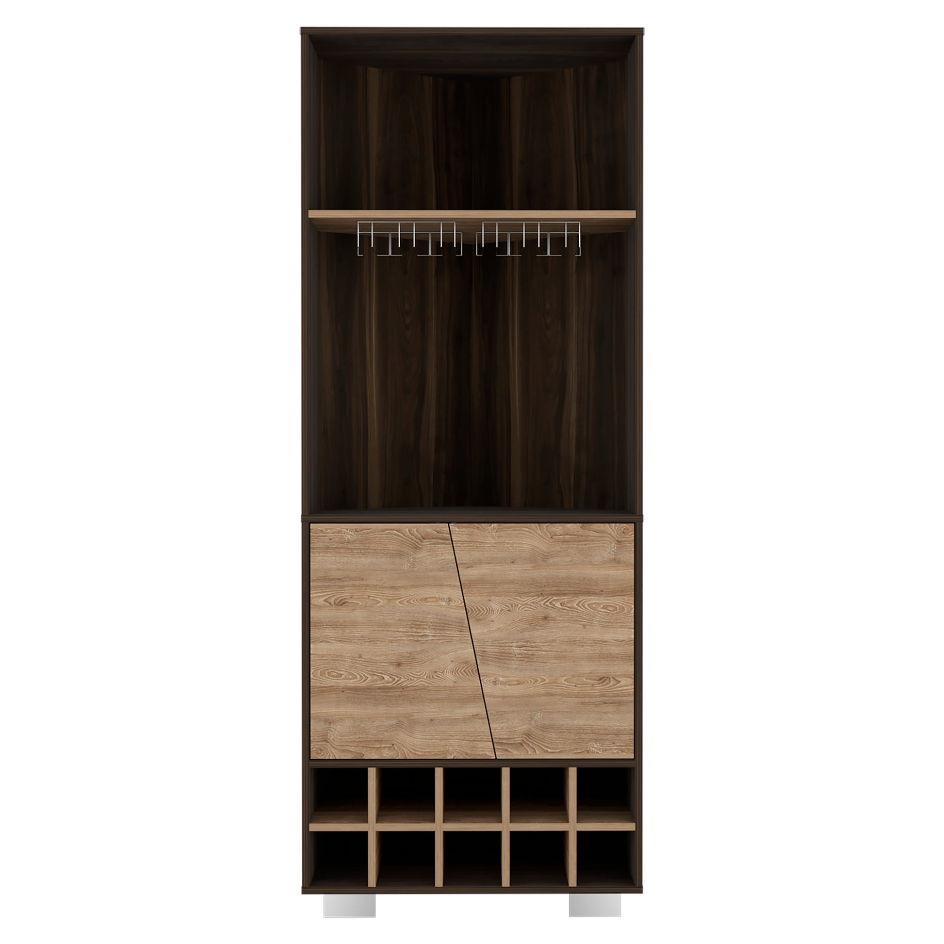 Modern wine cabinet with dark wood finish and dualtone cabinet doors featuring glass holders