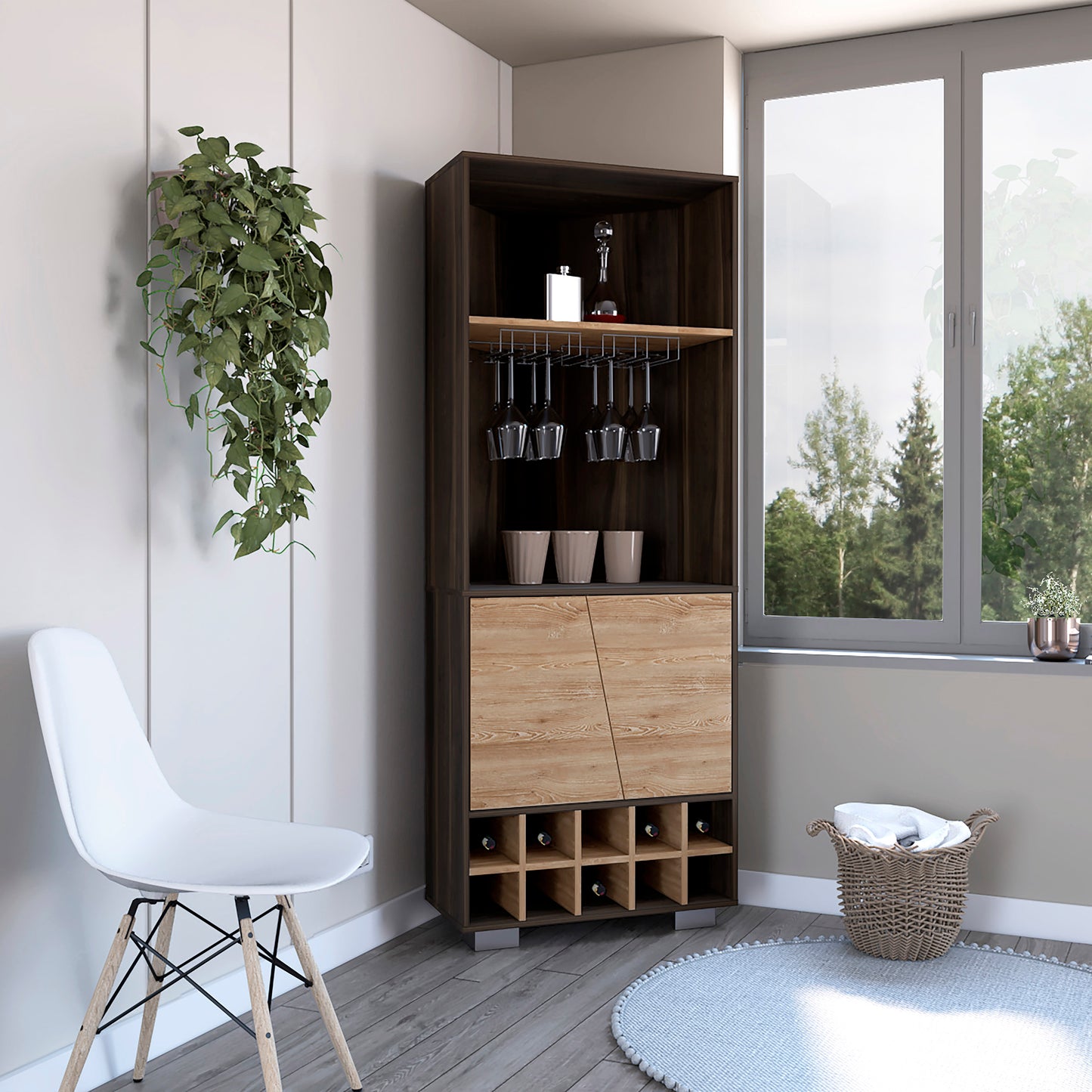 Tall dark wood bar cabinet with wine rack and glass holders