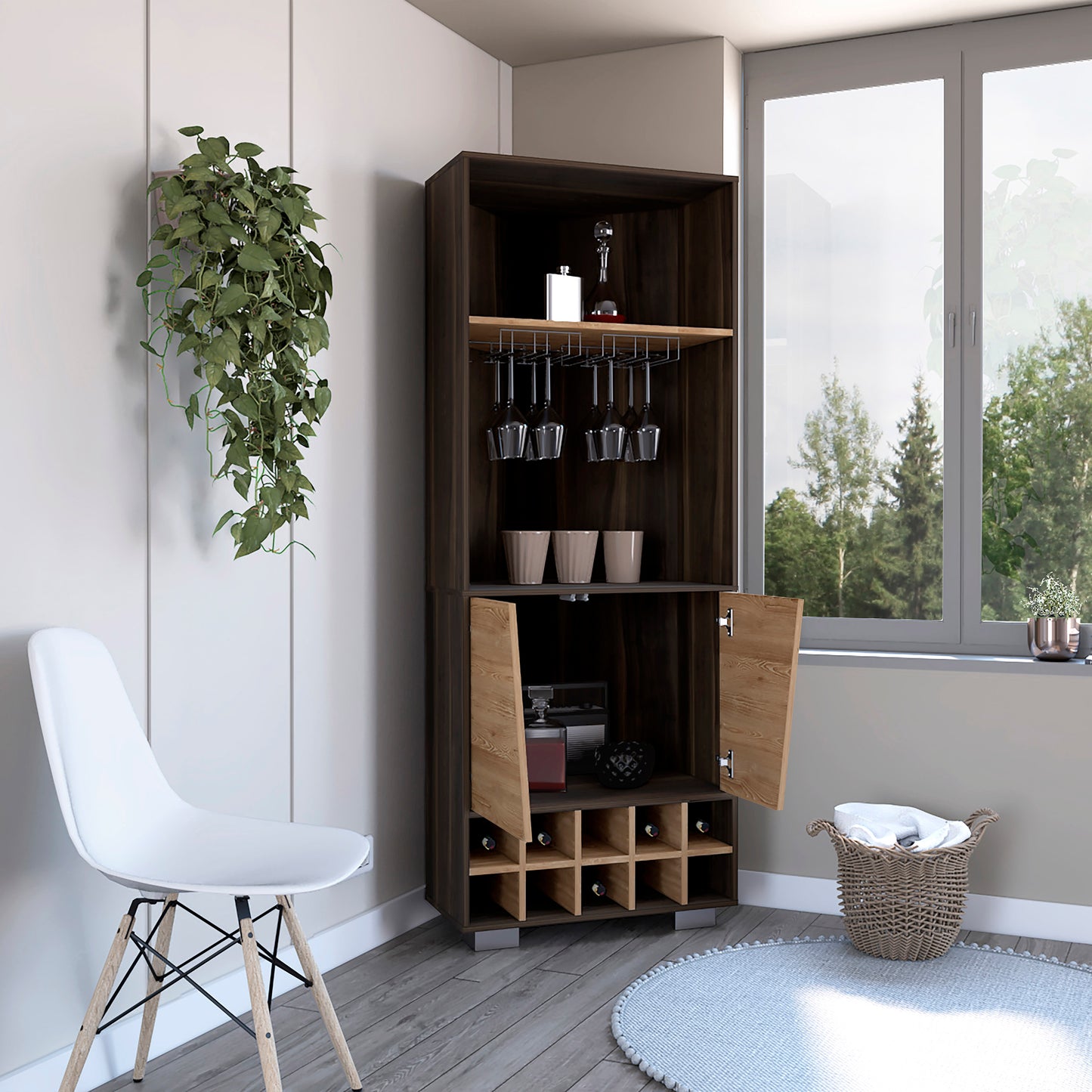Dark wood bar cabinet with glass racks and bottle storage