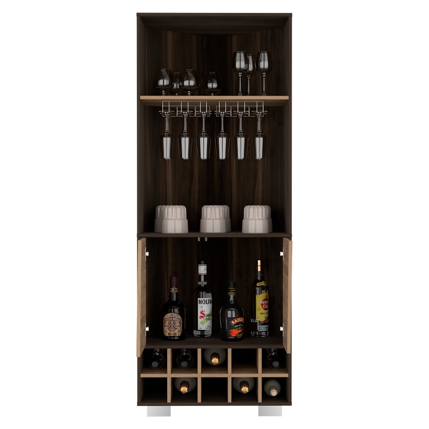 Dark wood bar cabinet with glass holders and wine bottle storage