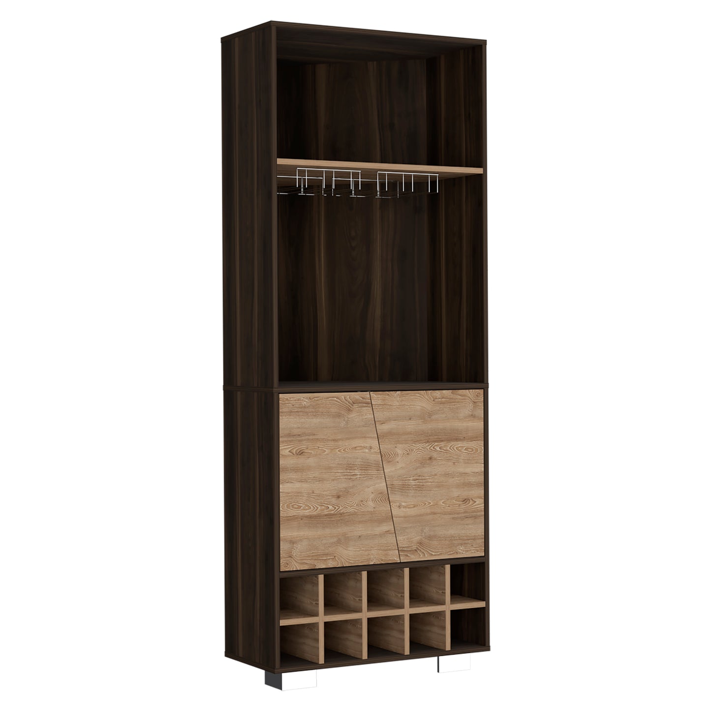 Tall dark wood bar cabinet with twotone cabinet doors and wine rack