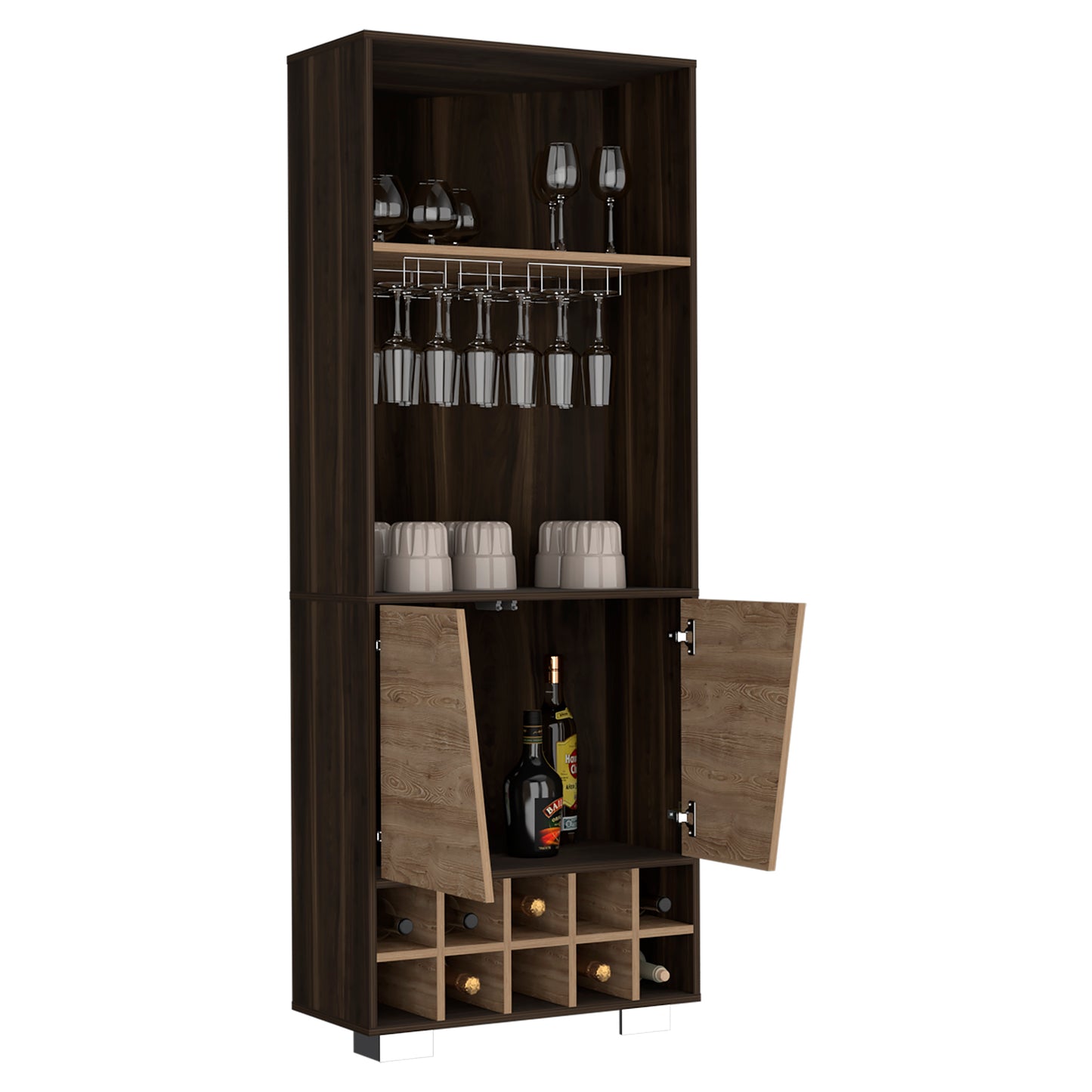 Dark wood wine cabinet with glass rack bottle storage and open doors