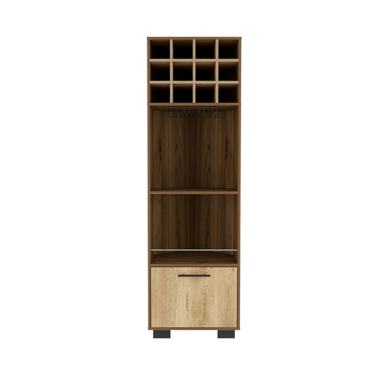 Tall wooden wine cabinet with  bottle cubbies and a drawer