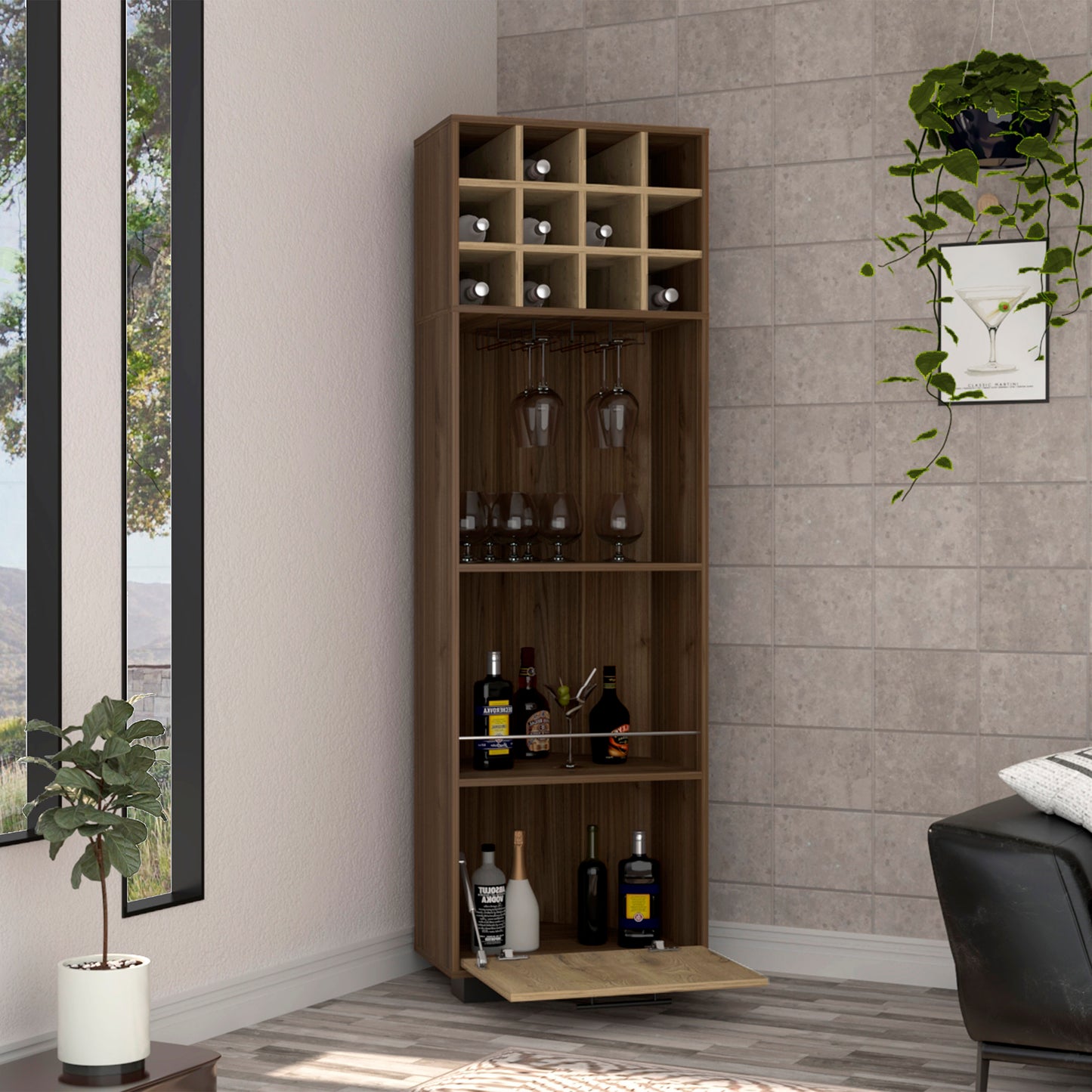 Tall brown wood wine cabinet with  bottle cubbies and glass rack