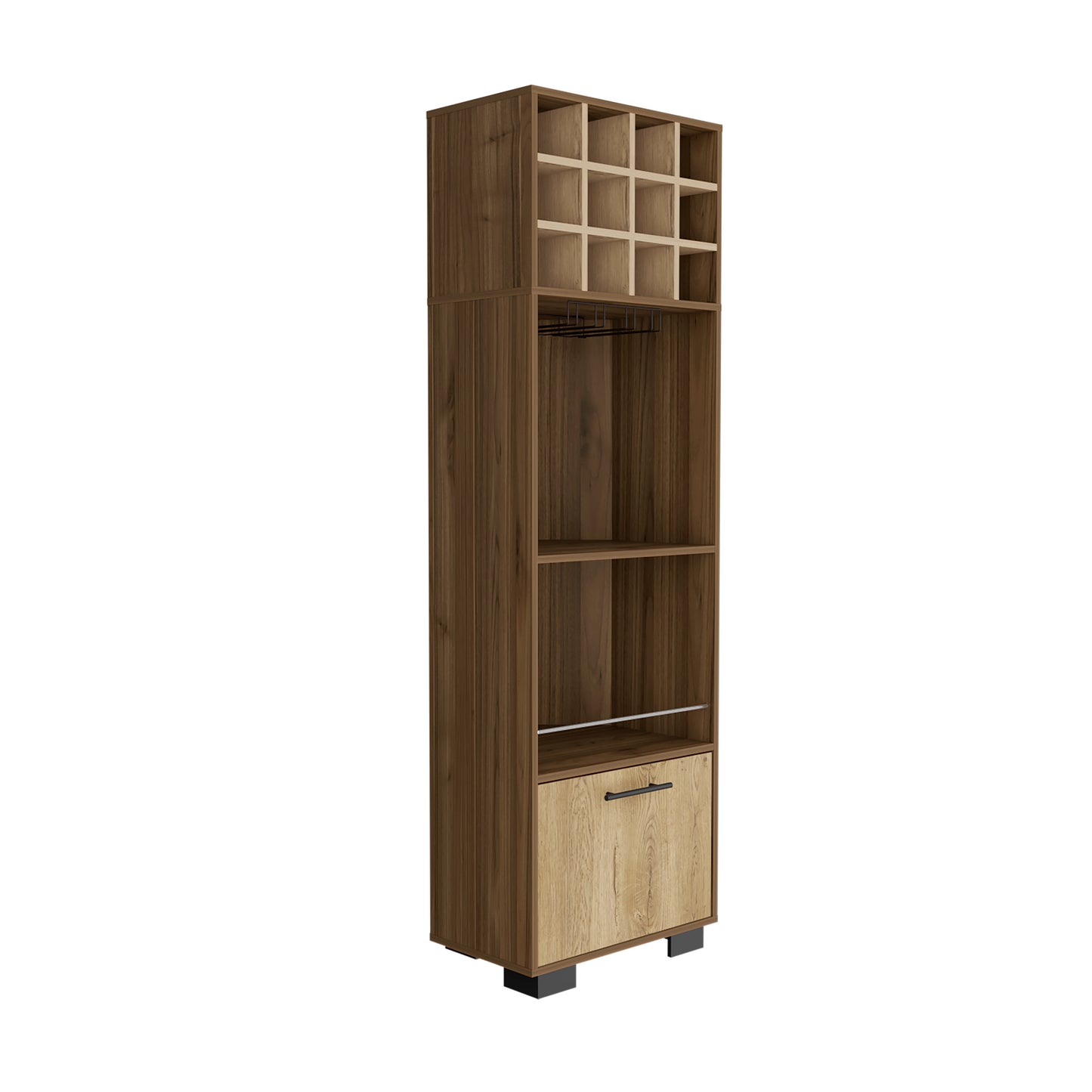 Tall walnut wood wine rack with  cubbies and hanging glass rack