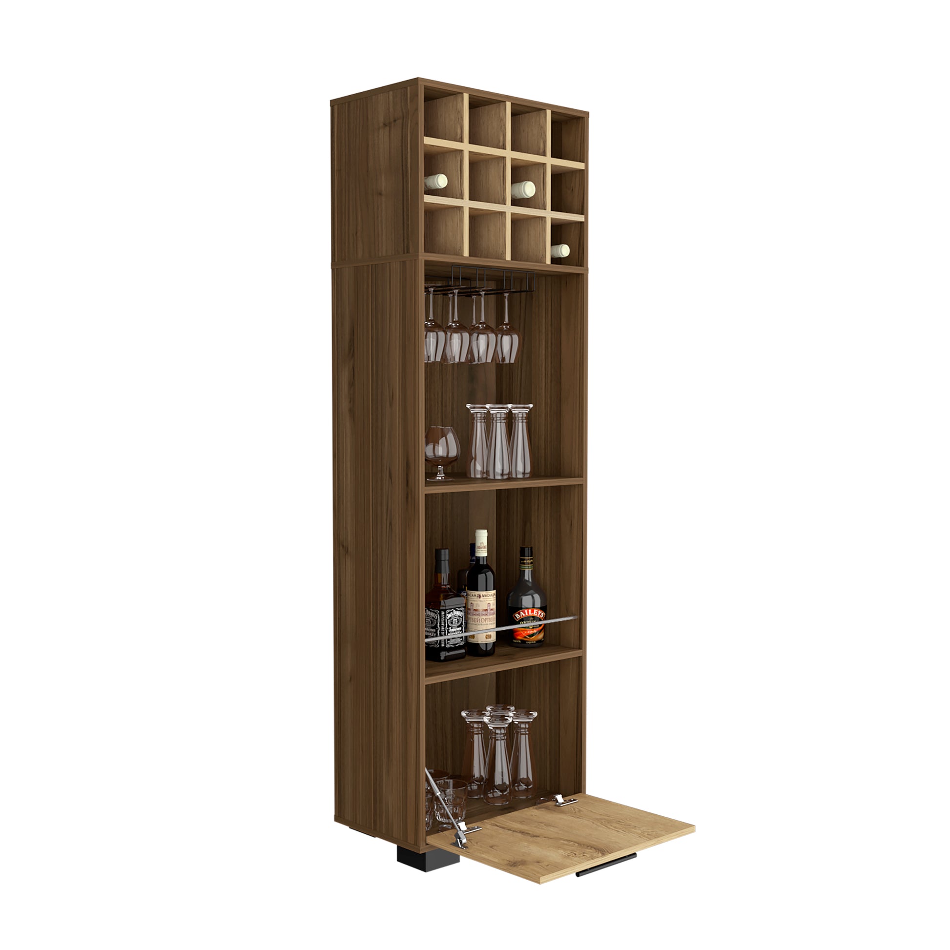 Wooden wine cabinet with  bottle cubbies glass rack and storage shelves