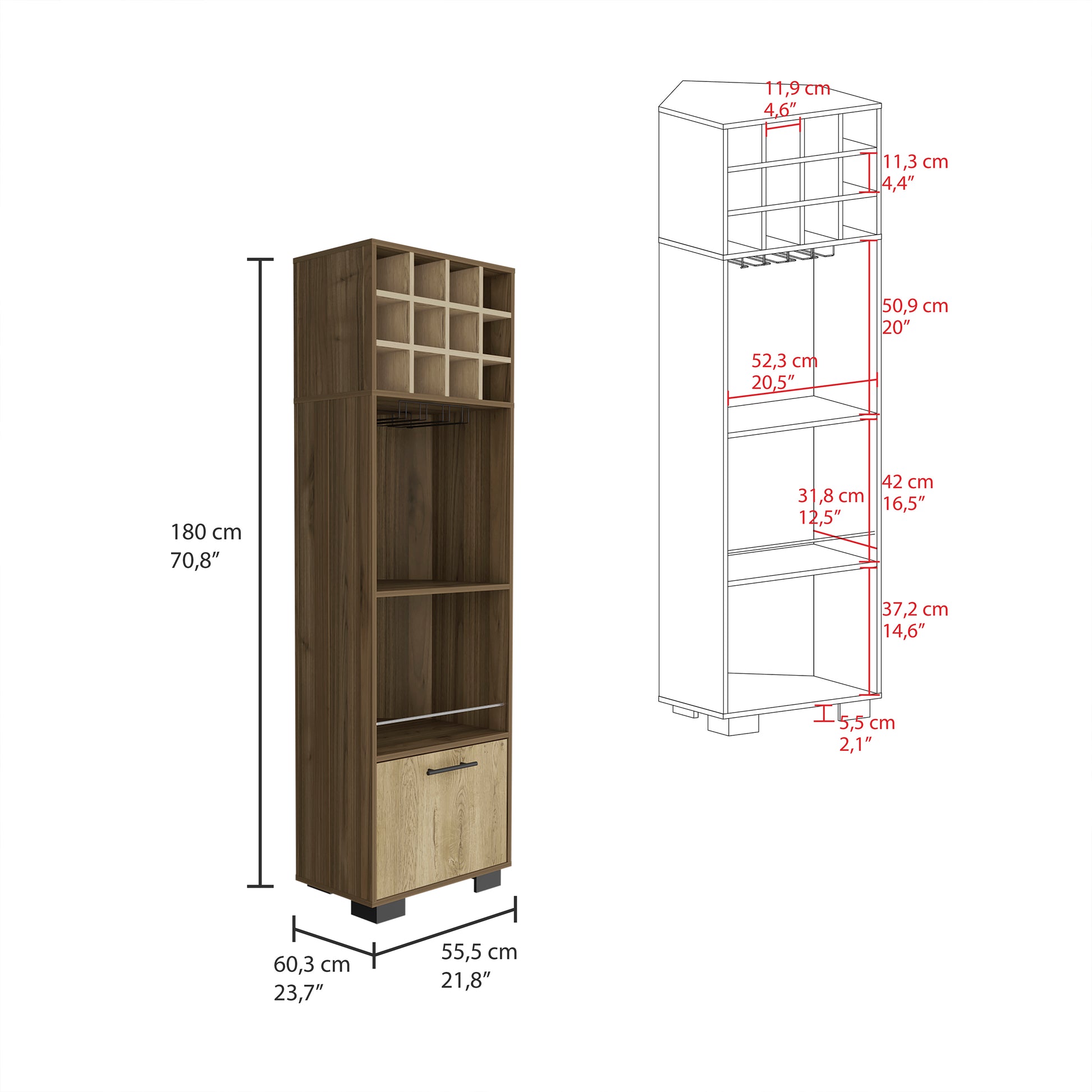 Tall wine cabinet with multiple shelves and a drawer made of wood with a modern design