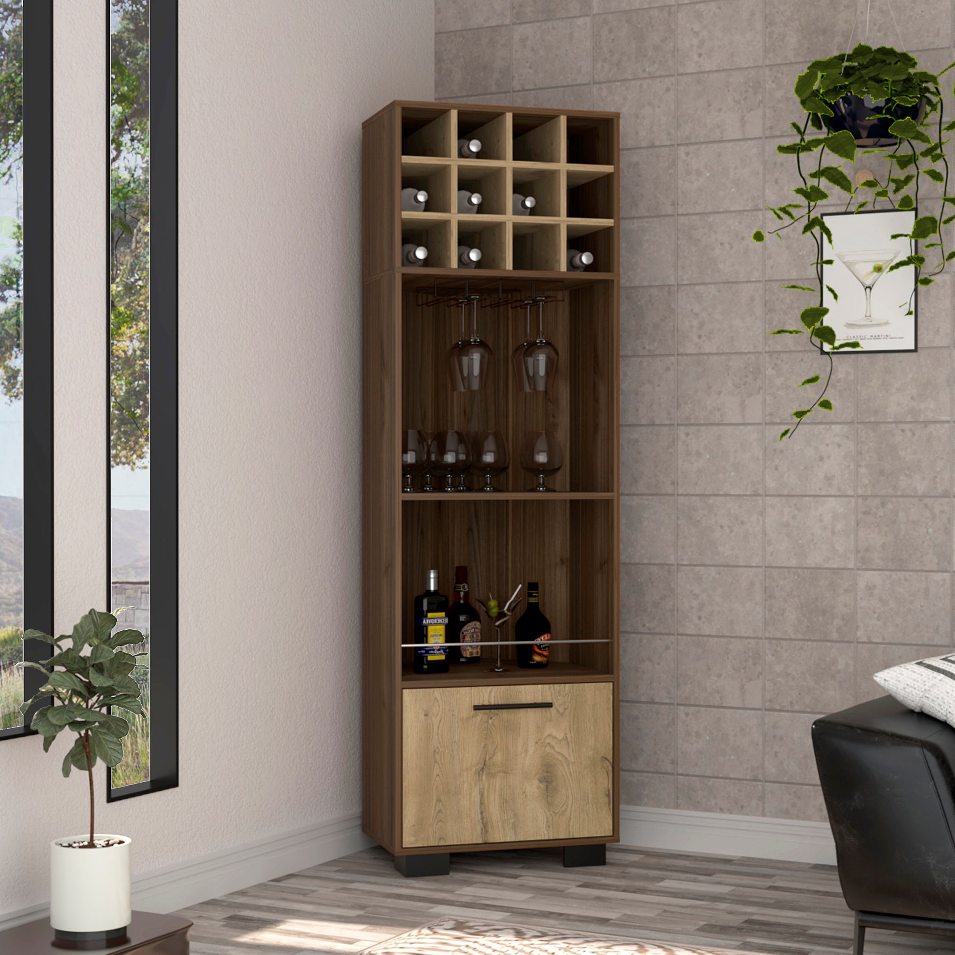 Modern tall wine cabinet in walnut finish with  bottle slots and glass hangers