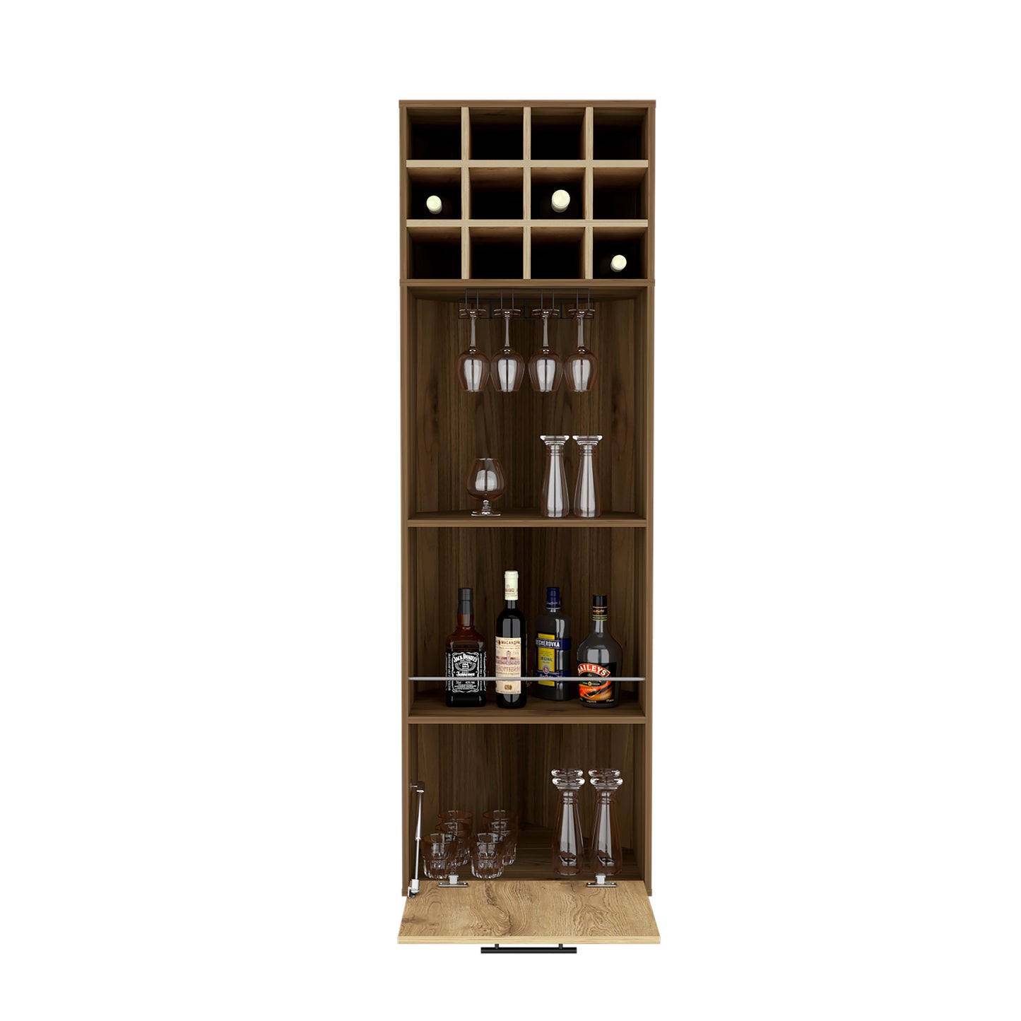 Modern wood wine cabinet with bottle rack and hanging glass holders
