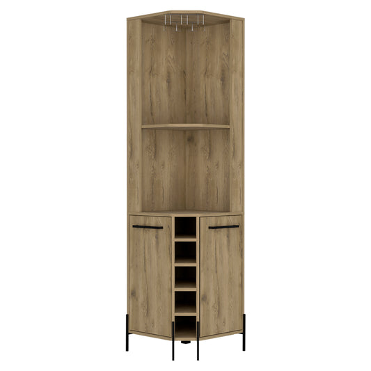 Tall oakeffect corner cabinet with wine rack two doors and glass holder