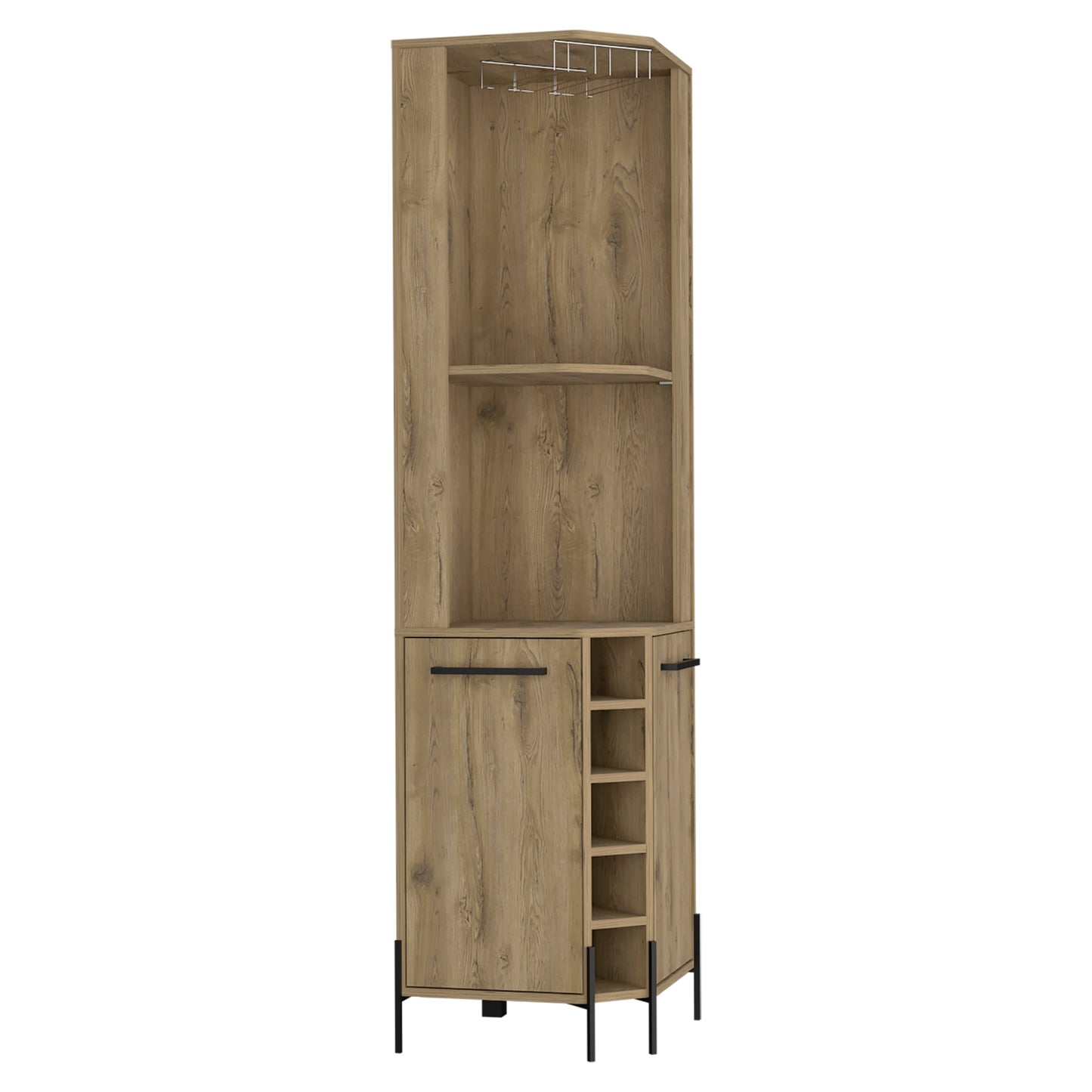 Rustic oak corner bar cabinet with wine glass rack and bottle shelves